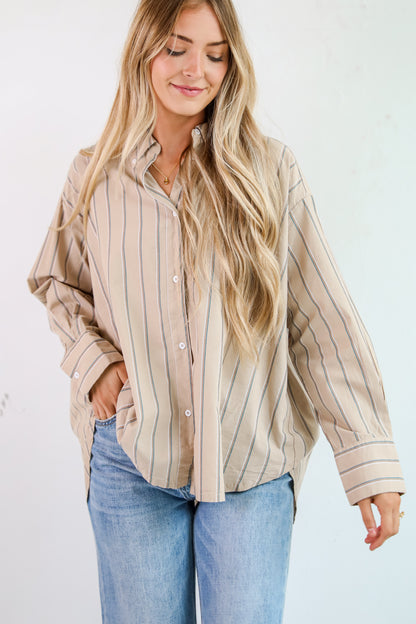 Convincingly Chic Taupe Striped Button-Up Blouse