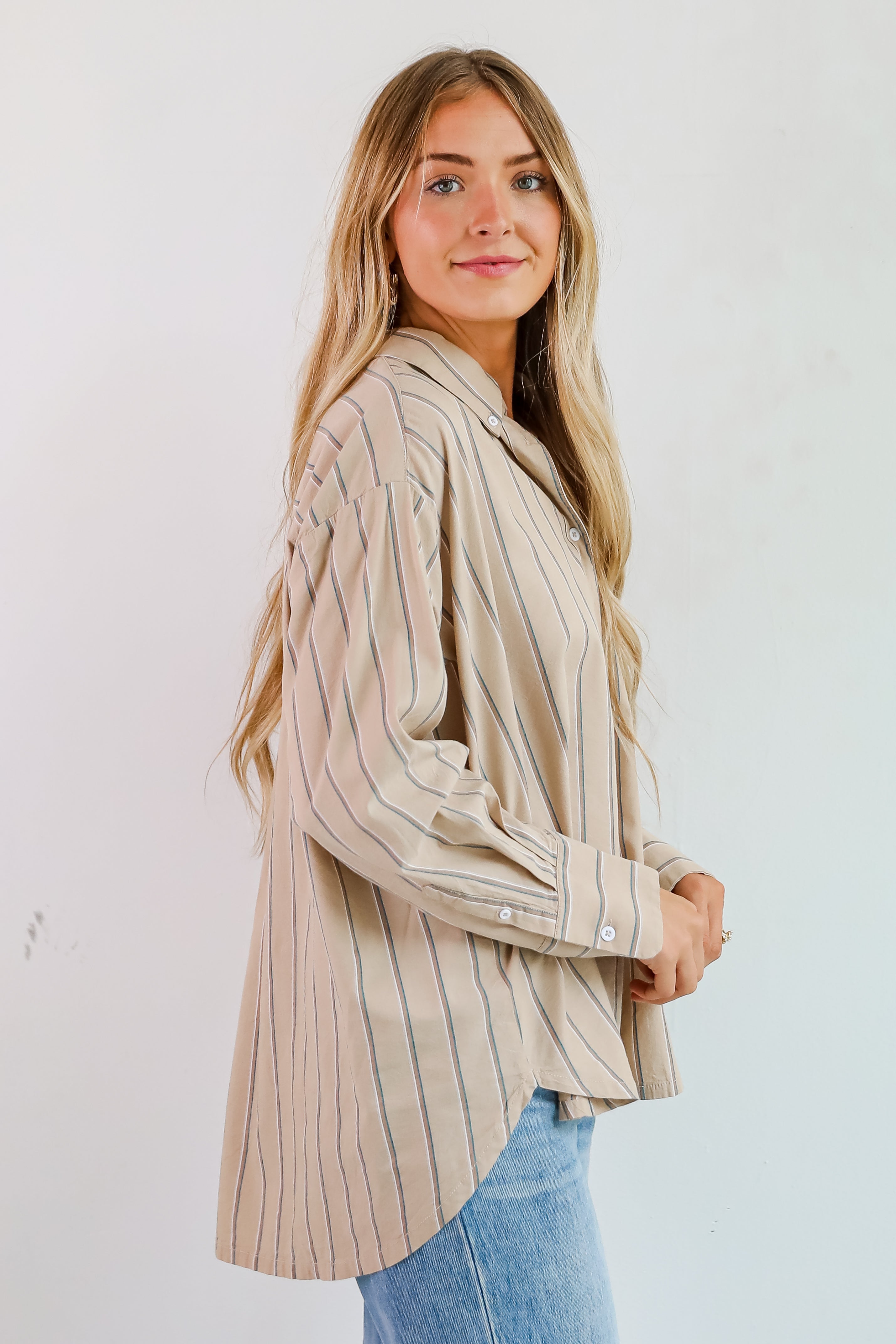 Convincingly Chic Taupe Striped Button-Up Blouse