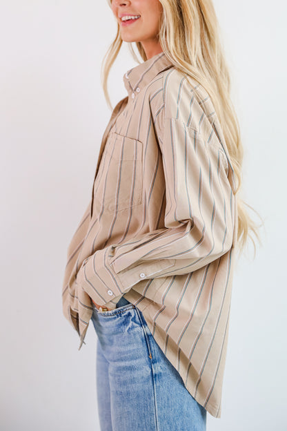 Convincingly Chic Taupe Striped Button-Up Blouse