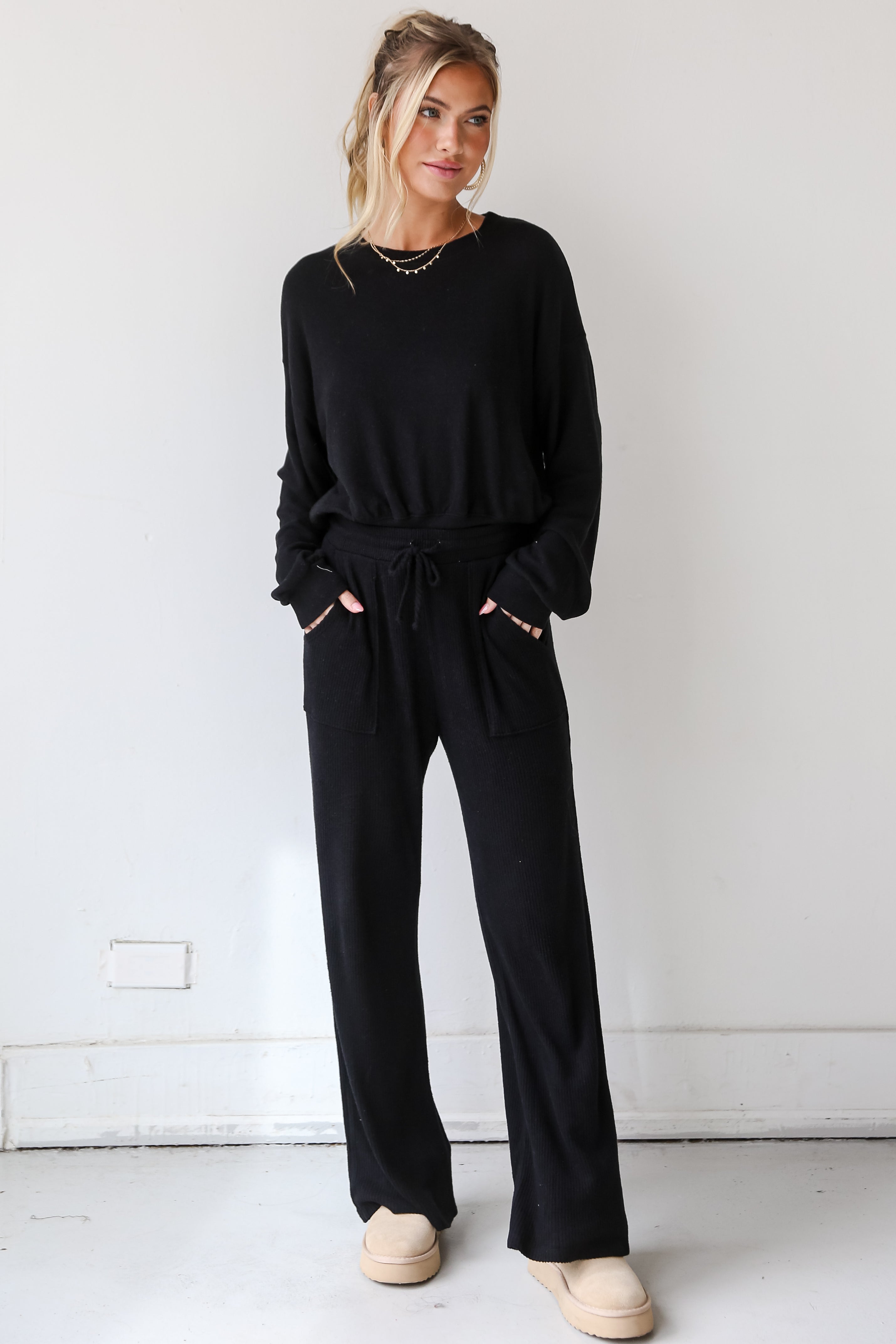 black Brushed Ribbed Knit Lounge Pants on model