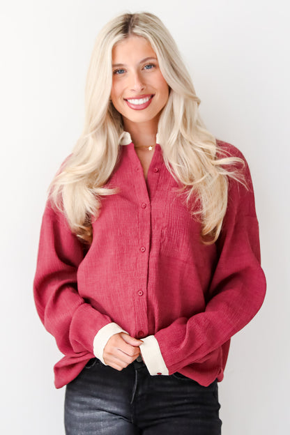 Instant Stunner Burgundy Textured Button-Up Blouse