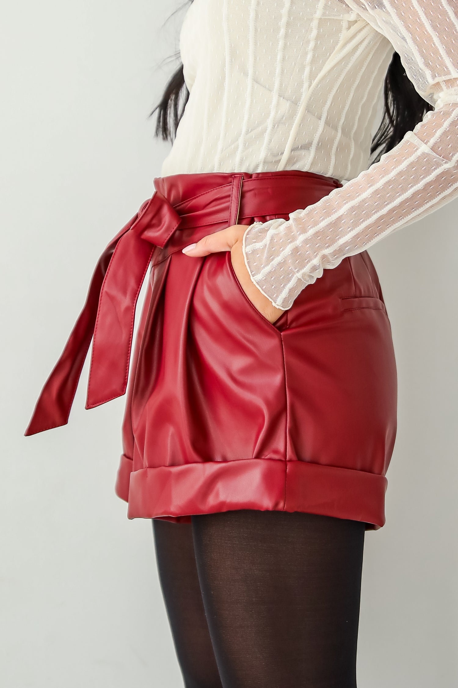 Casual Luxury Burgundy Leather Shorts