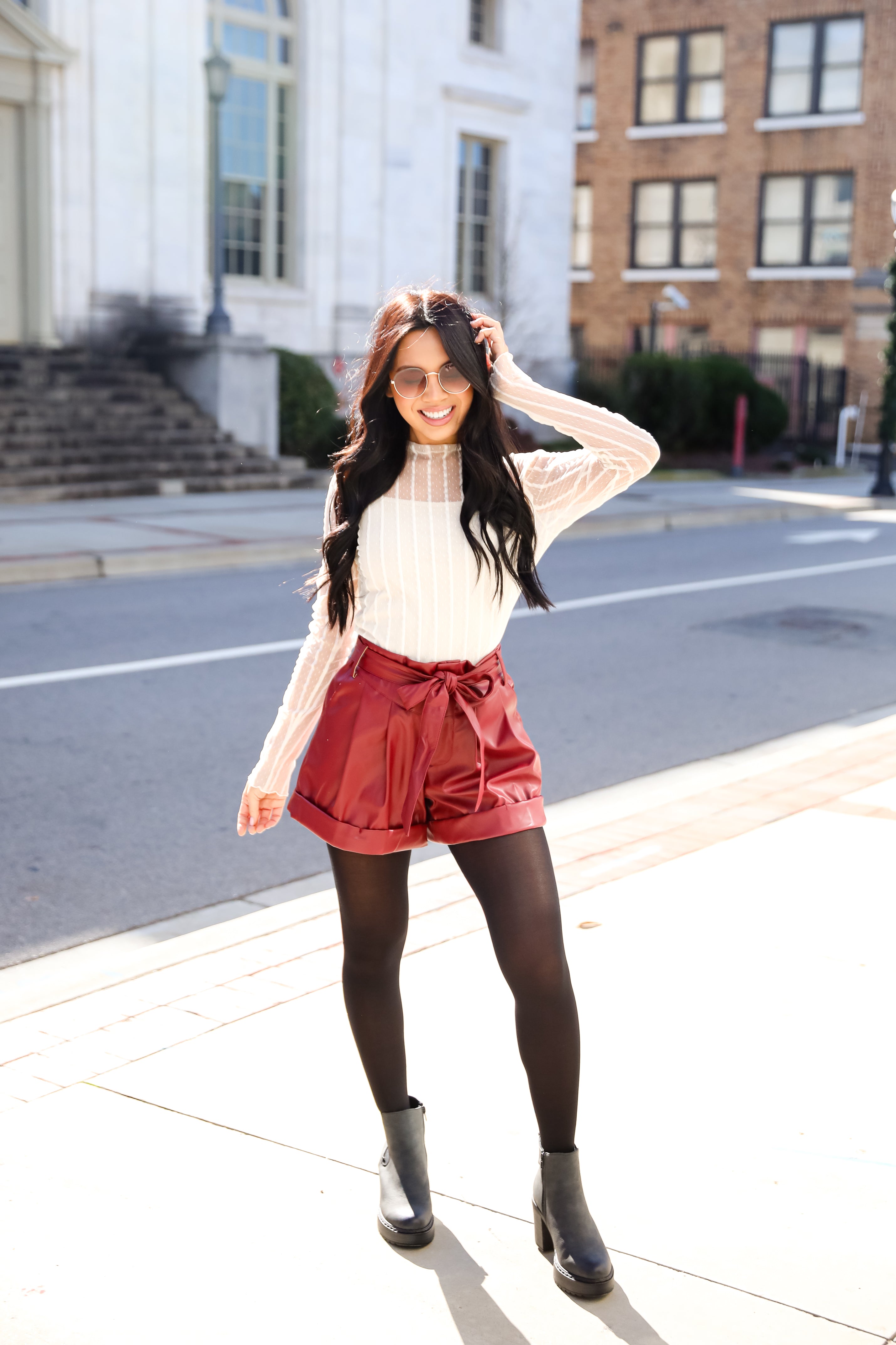 Casual Luxury Burgundy Leather Shorts