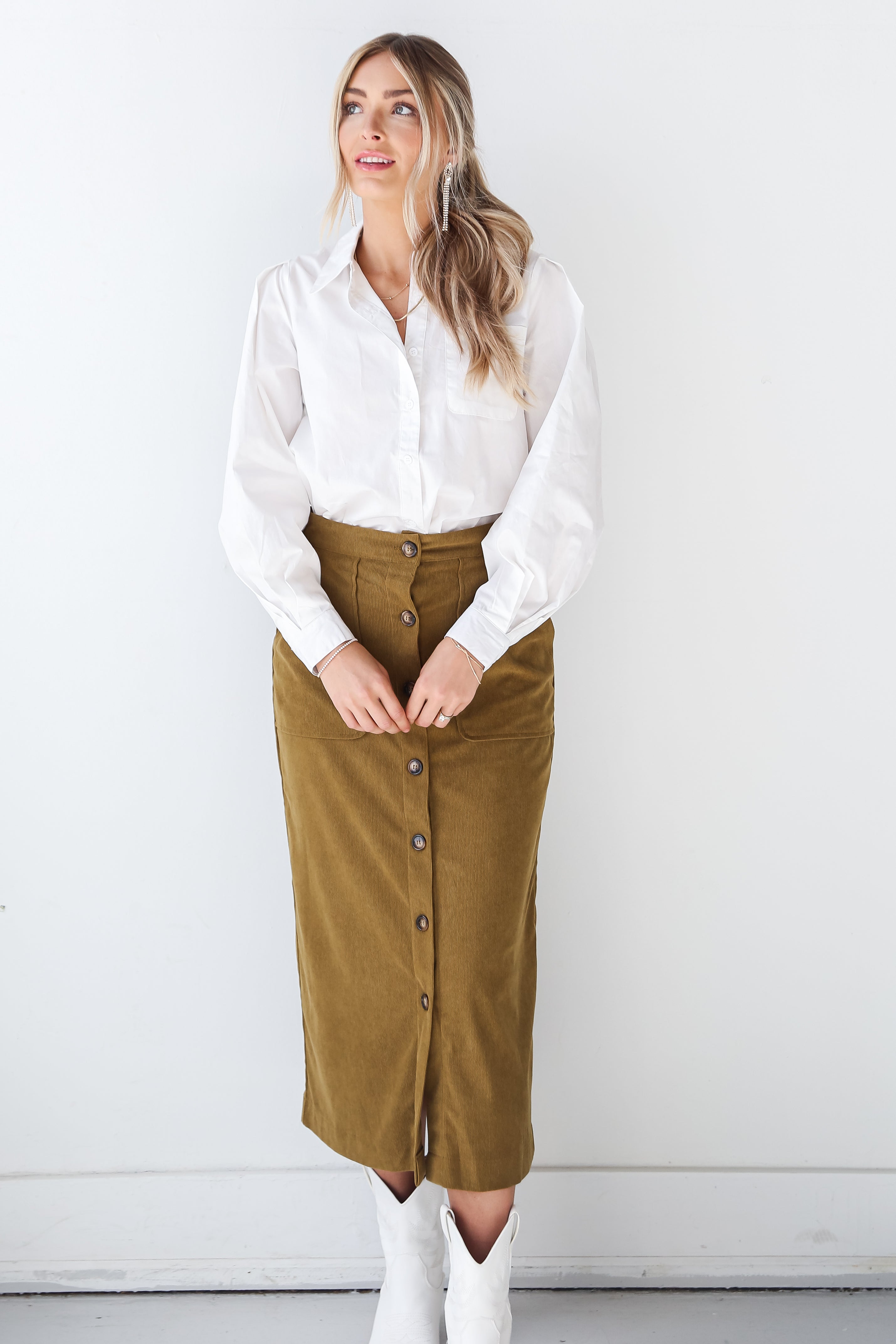 Olive Corduroy Midi Skirt front view