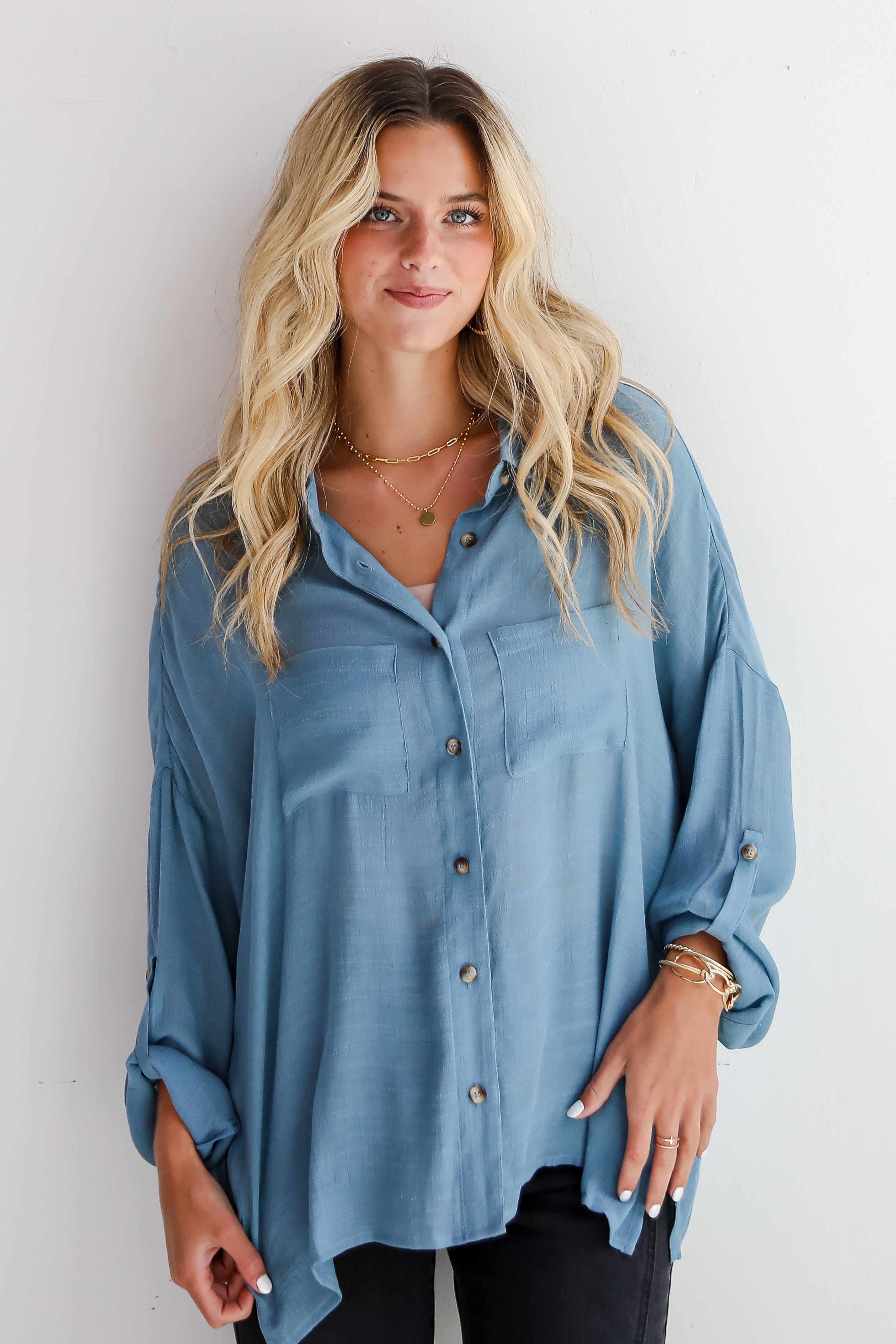 Compelling Composure Oversized Button-Up Blouse