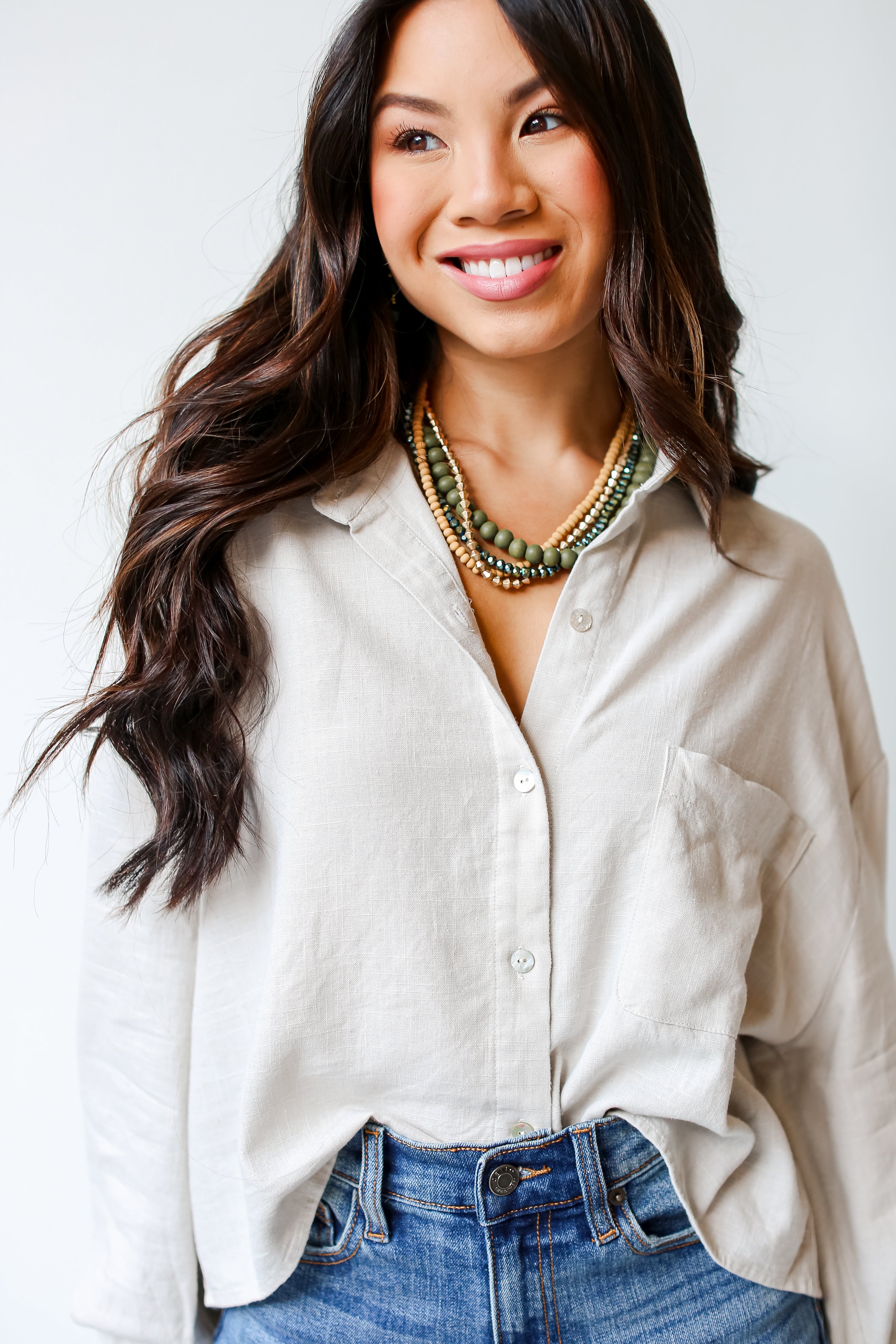 grey Linen Button-Up Blouse close up