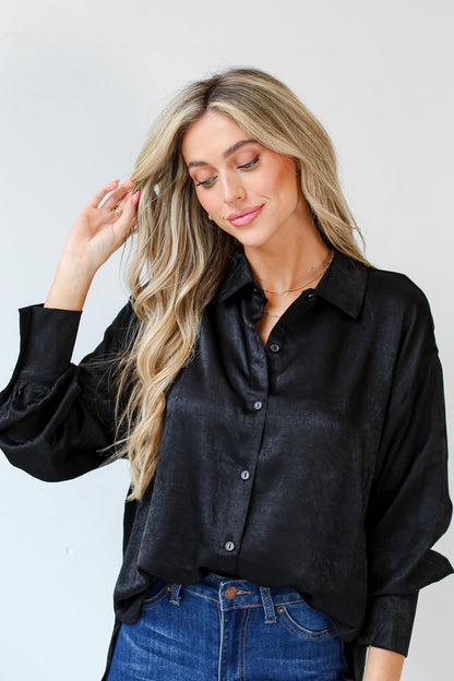 black Satin Button-Up Blouse close up