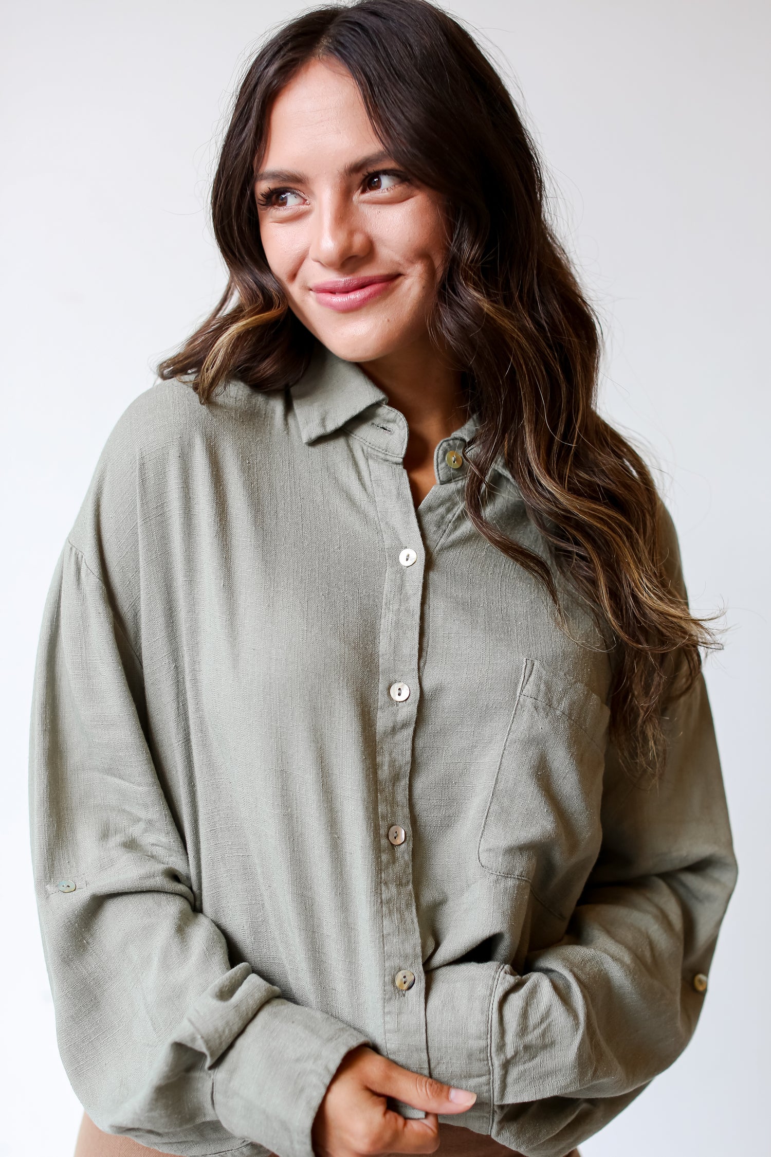 olive Linen Button-Up Blouse close up