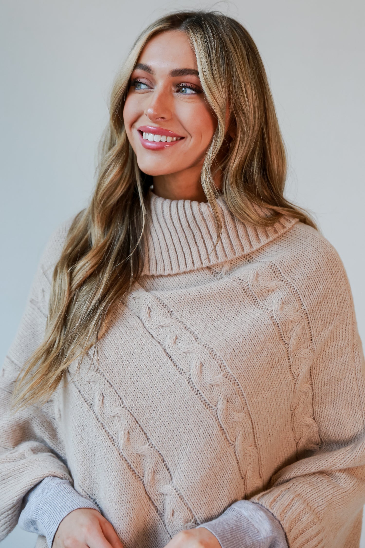 Beige Cable Knit Poncho close up