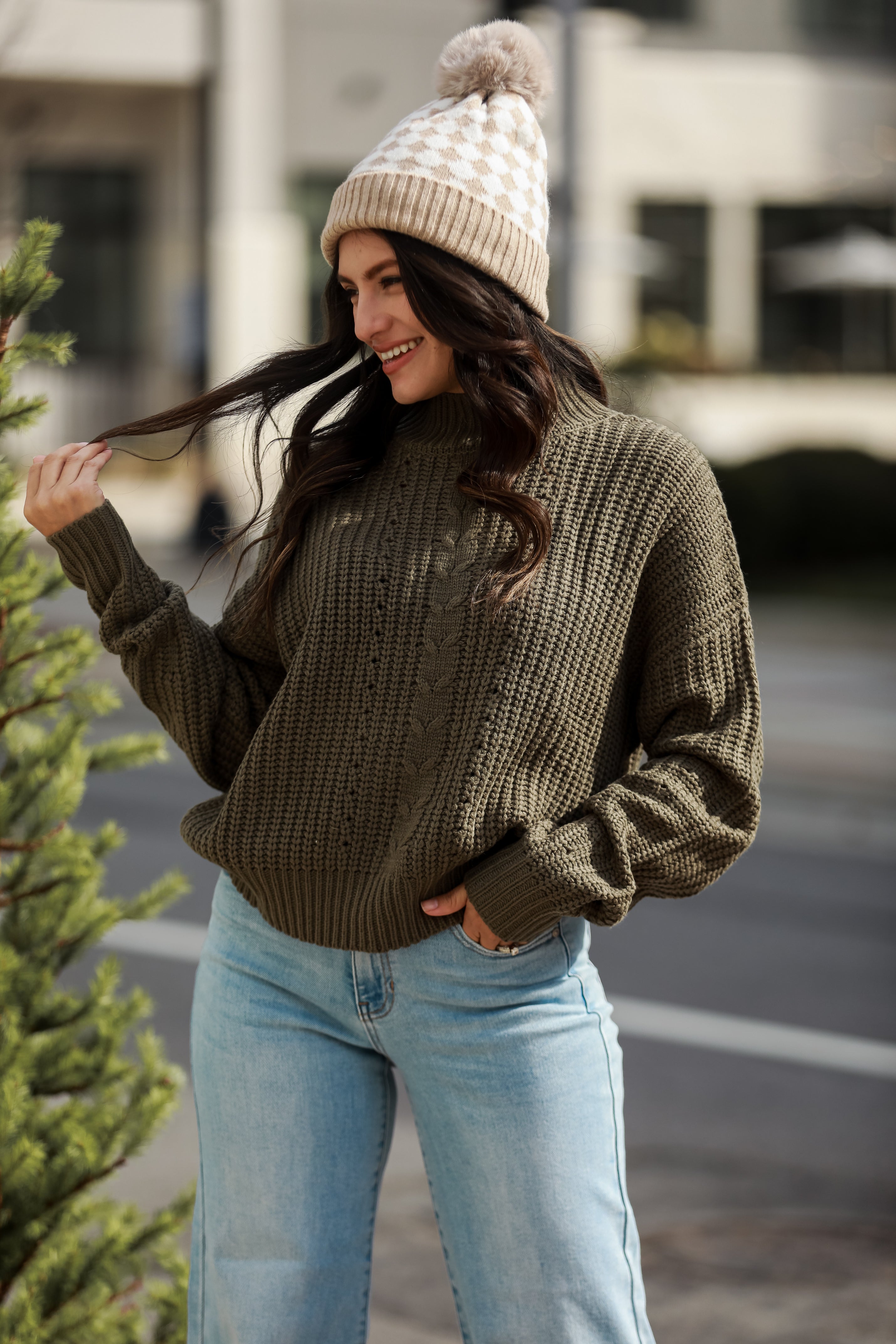 olive green Mock Neck Sweater