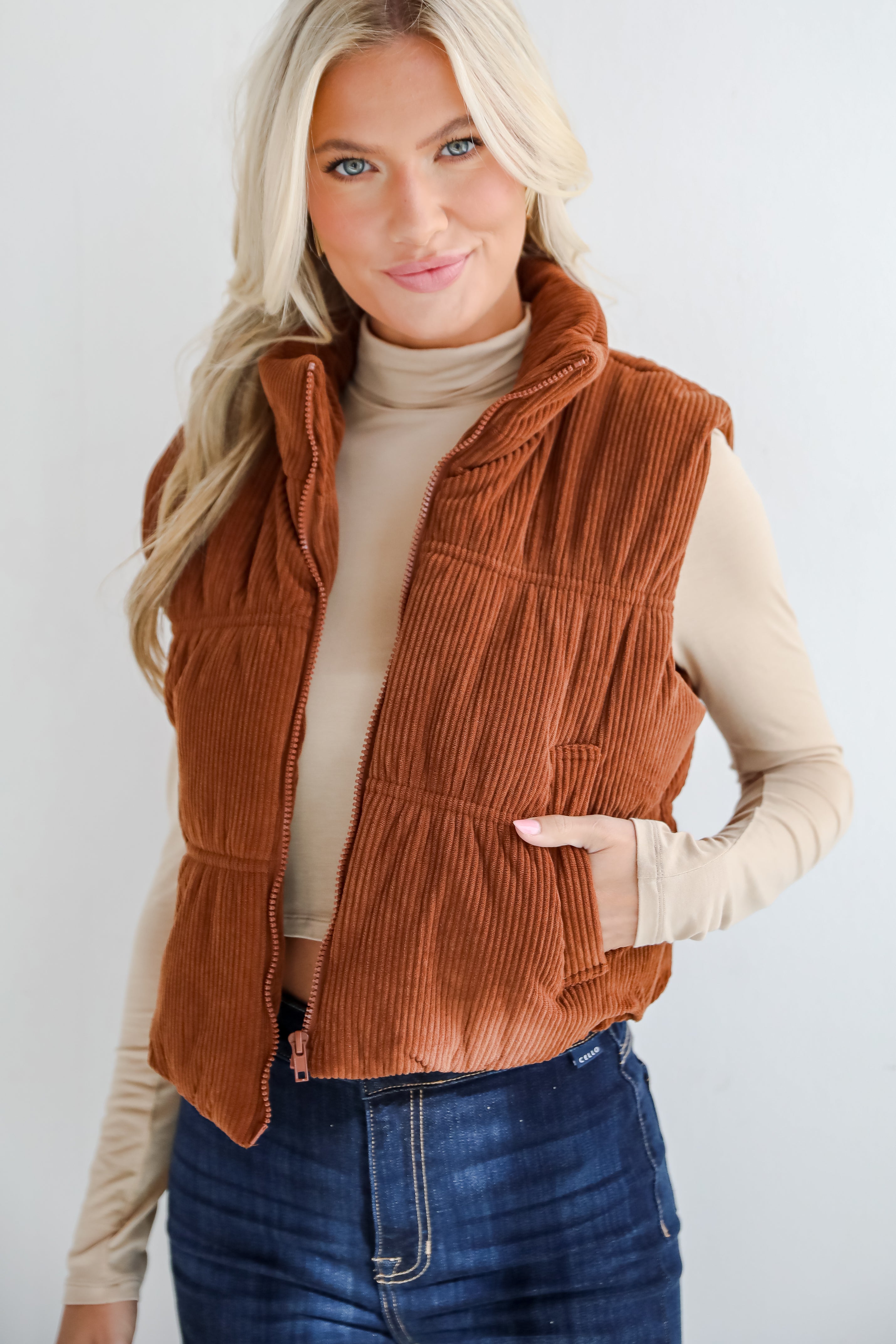 Cozy Being Camel Corduroy Puffer Vest