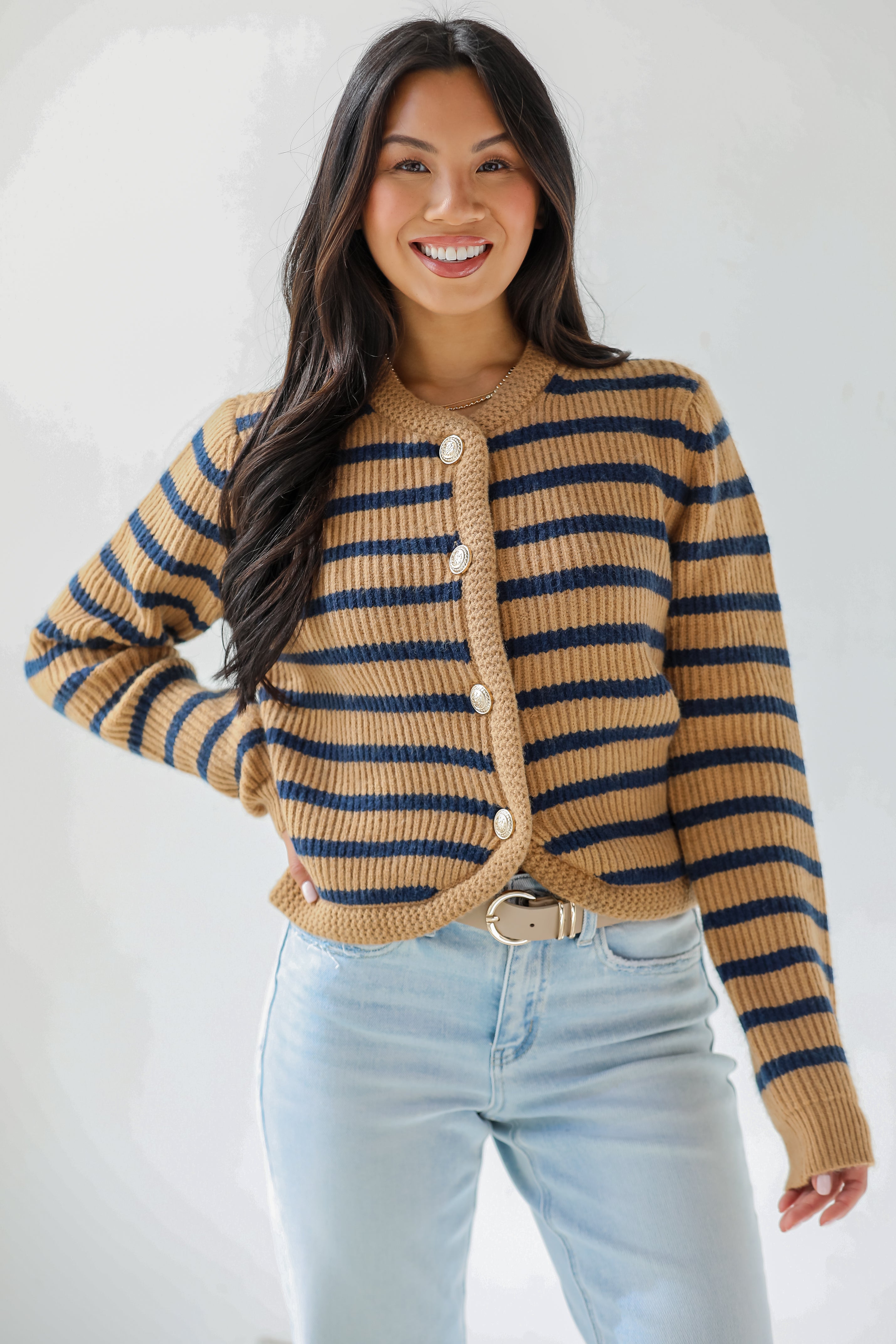 Chicest Option Camel Striped Sweater Cardigan