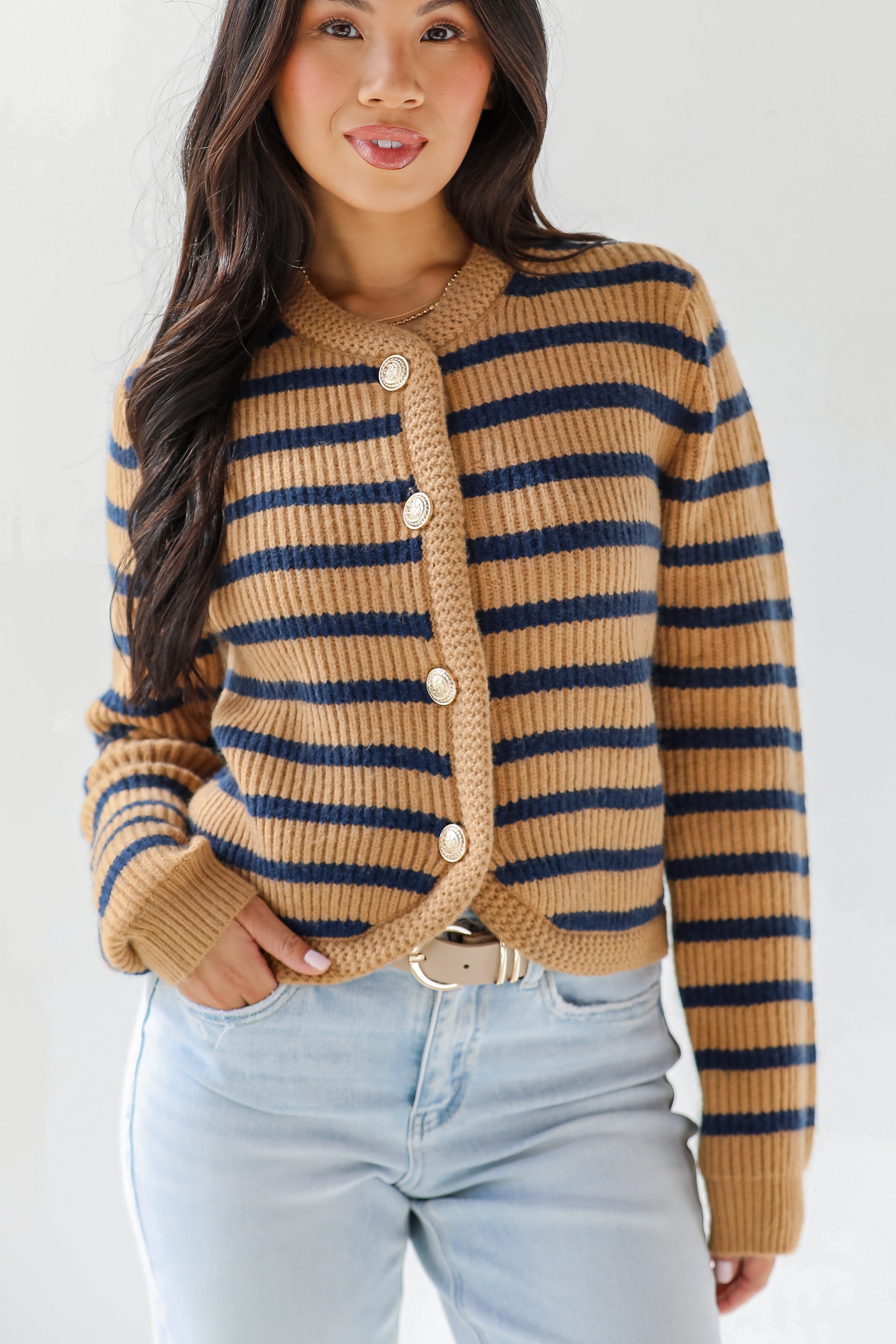 Chicest Option Camel Striped Sweater Cardigan