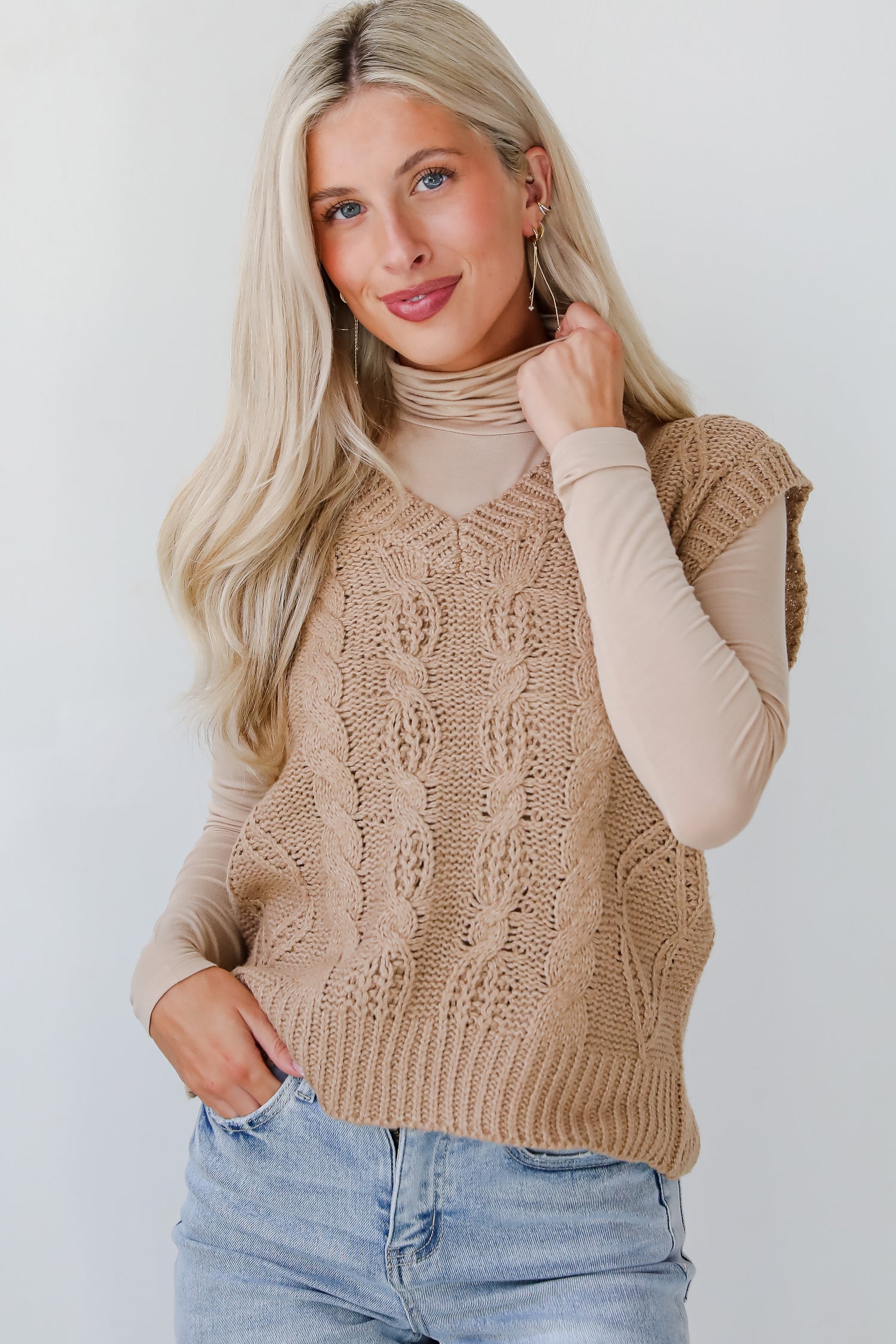 Sincerely Trendy Camel Cable Knit Sweater Vest