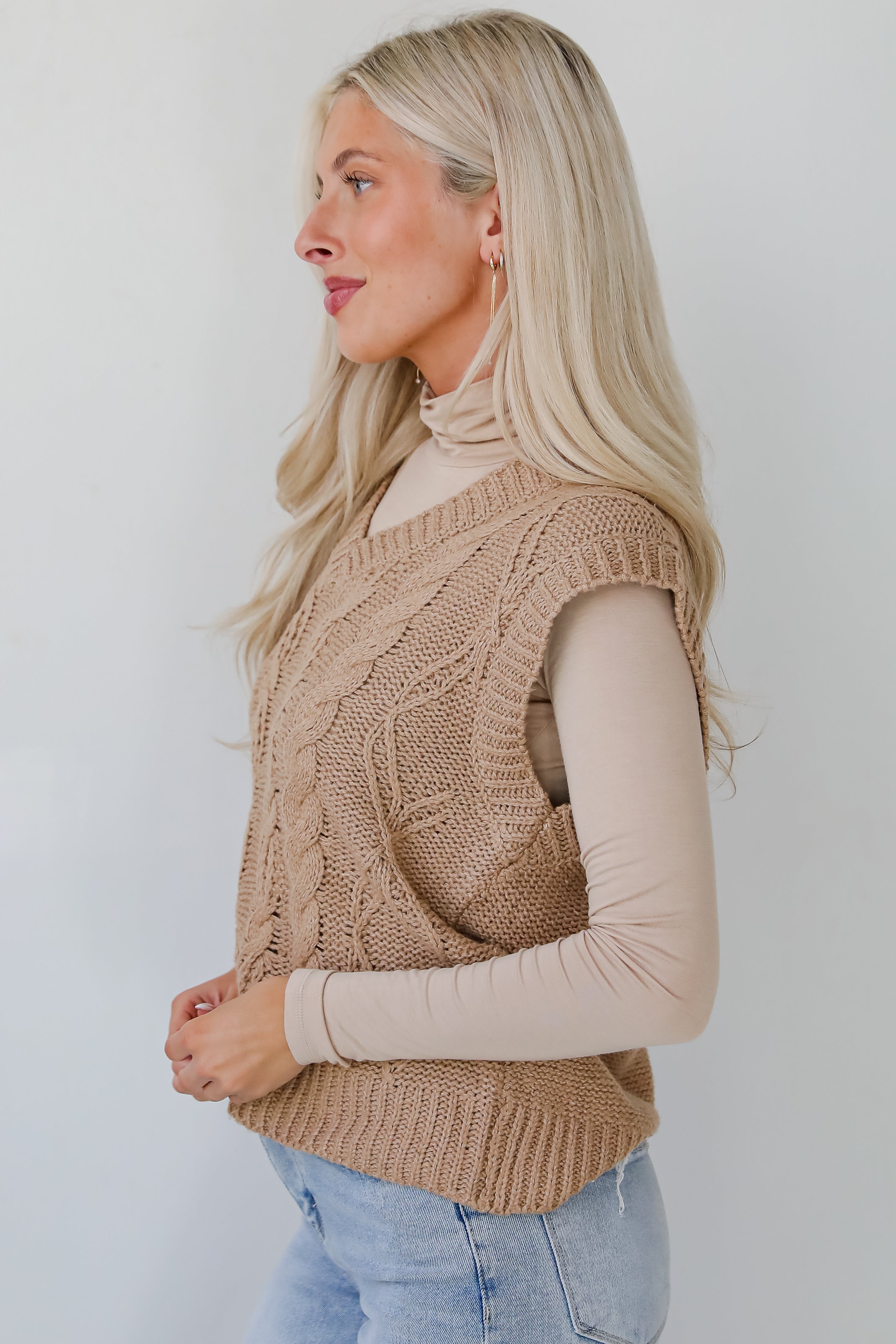 Sincerely Trendy Camel Cable Knit Sweater Vest