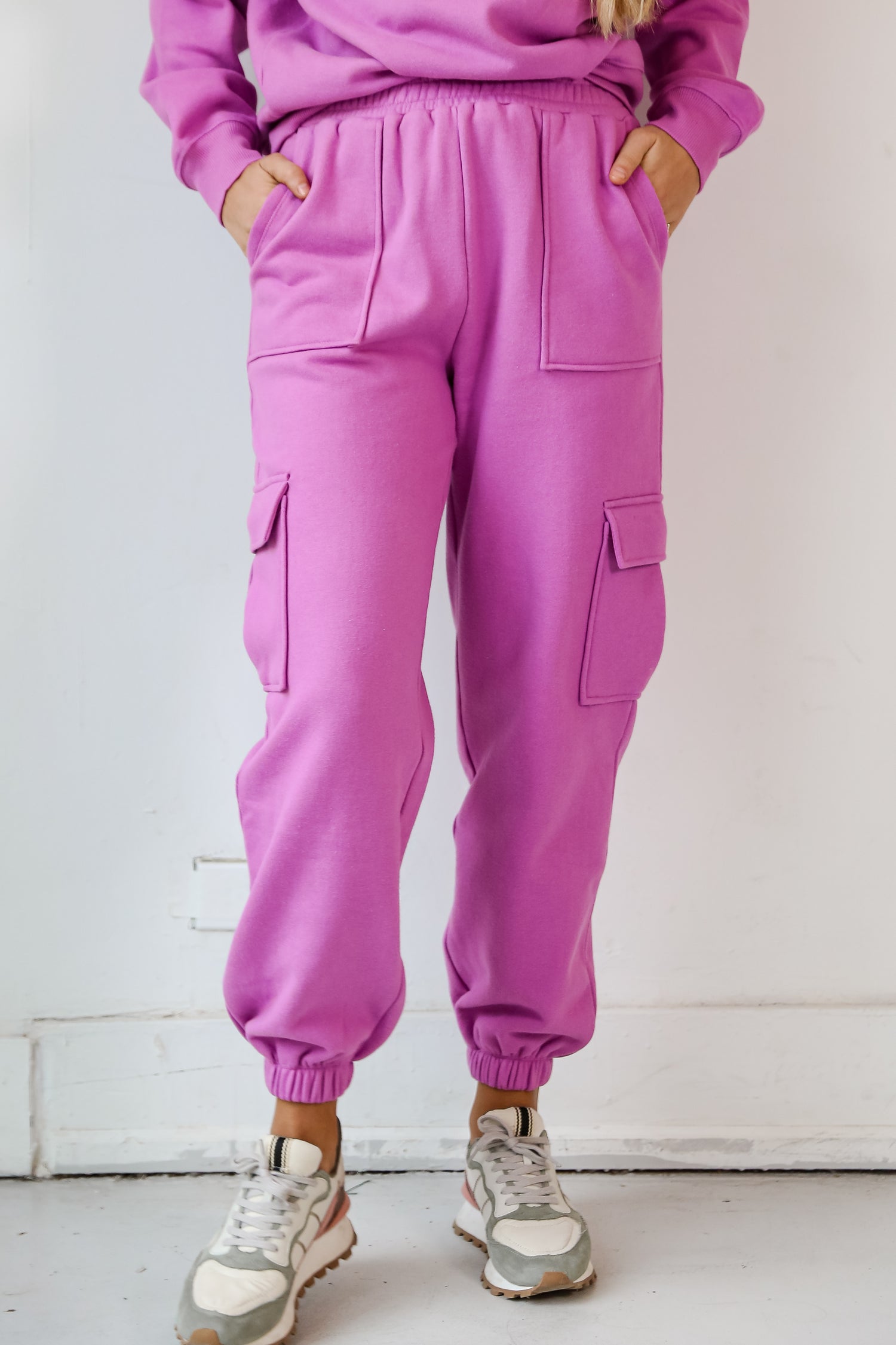 purple Fleece Cargo Jogger Sweatpants close up