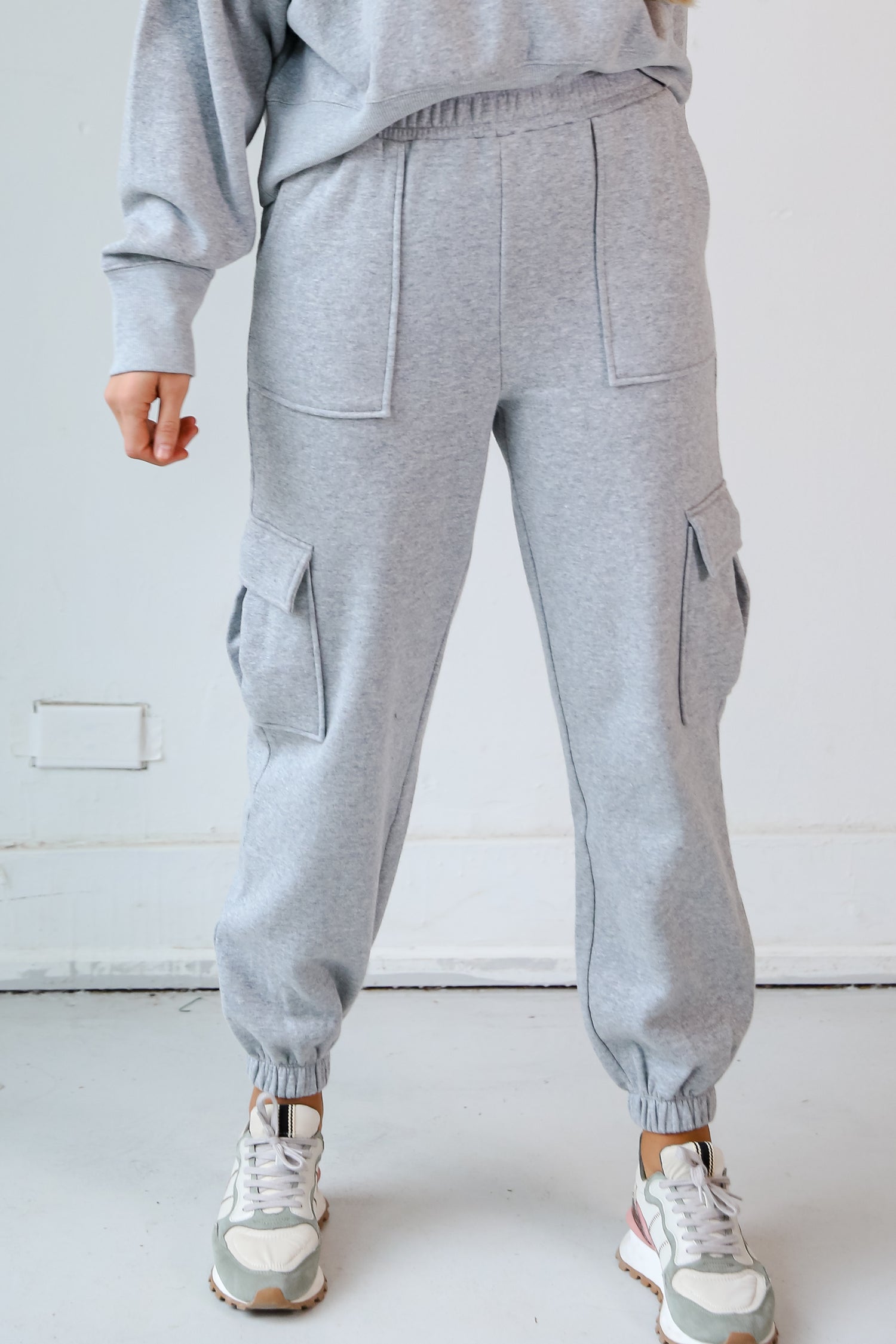 grey Fleece Cargo Jogger Sweatpants close up