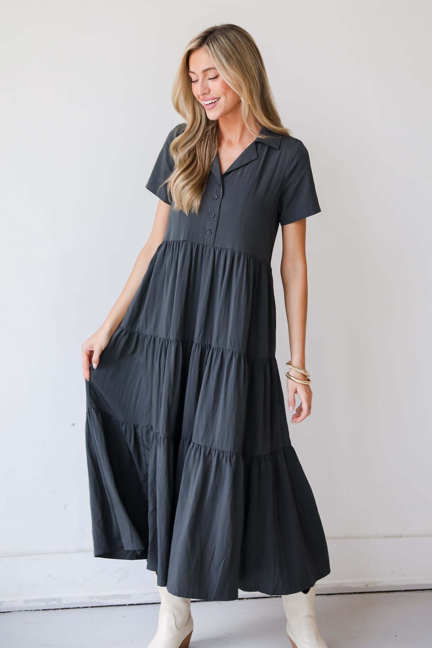 Stellar Sweetie Charcoal Tiered Maxi Dress