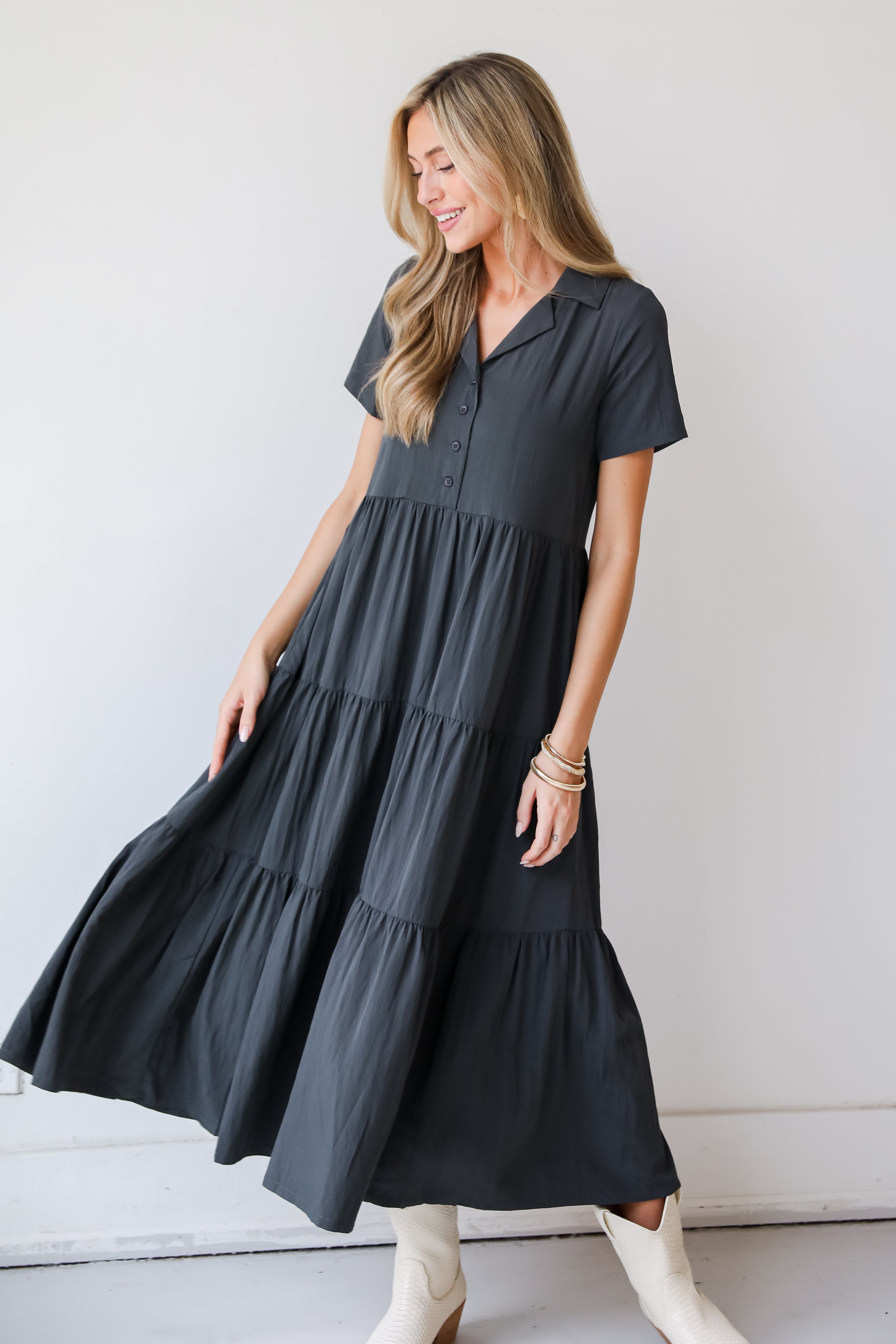 Stellar Sweetie Charcoal Tiered Maxi Dress