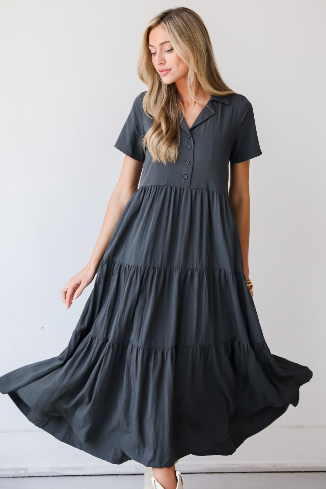 Stellar Sweetie Charcoal Tiered Maxi Dress