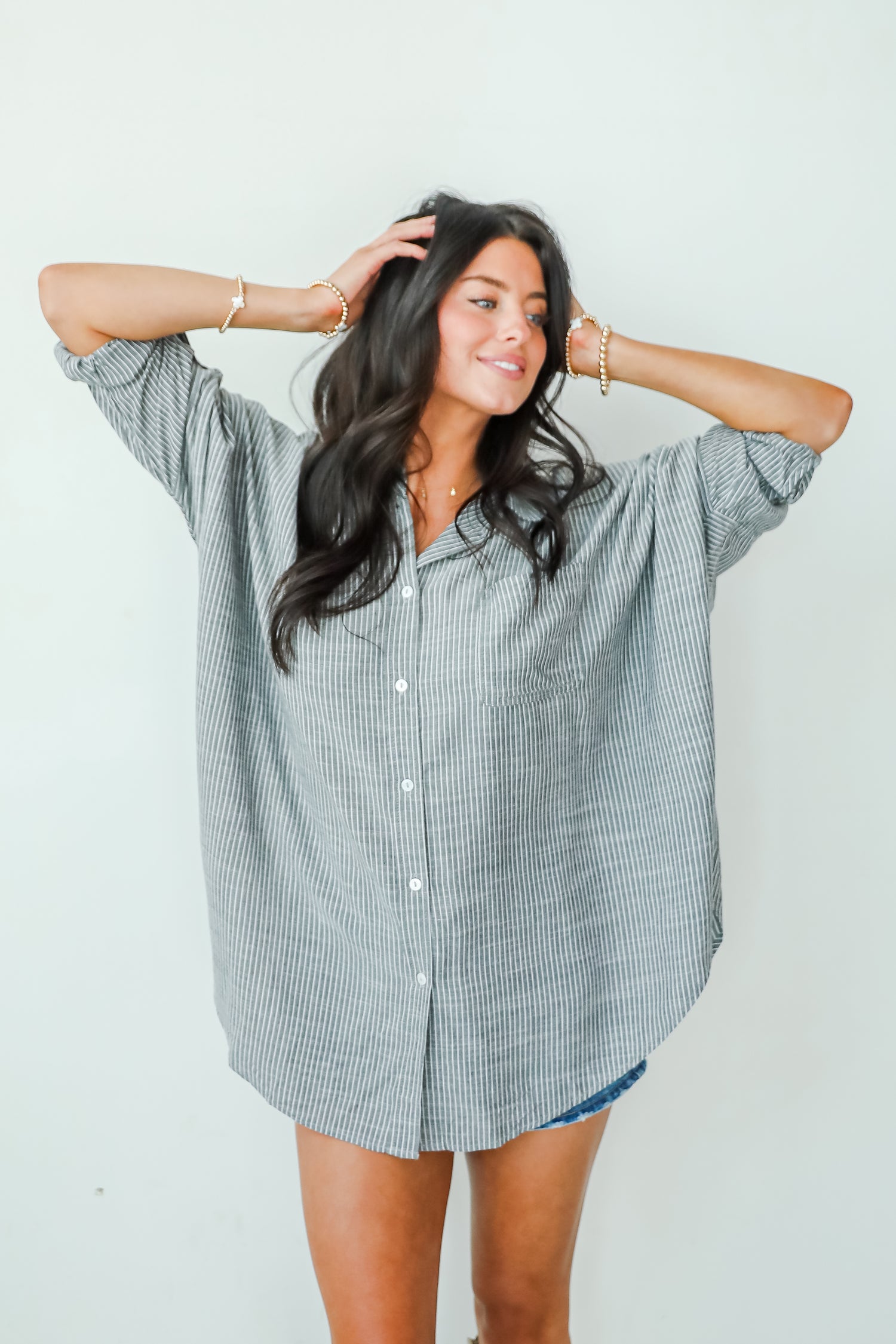 Polished Influence Charcoal Striped Button-Up Blouse