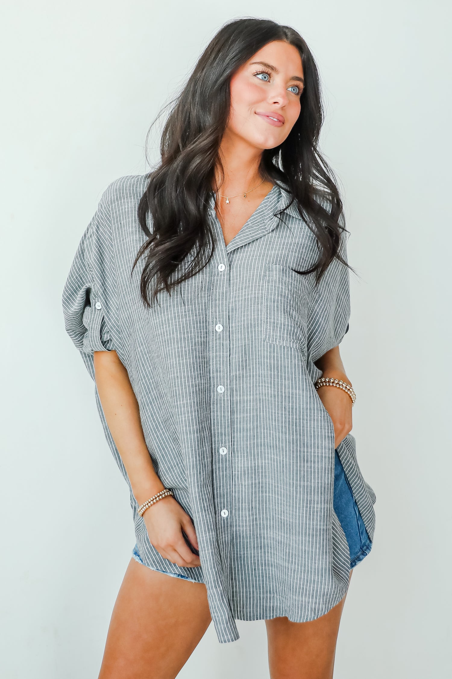 Polished Influence Charcoal Striped Button-Up Blouse