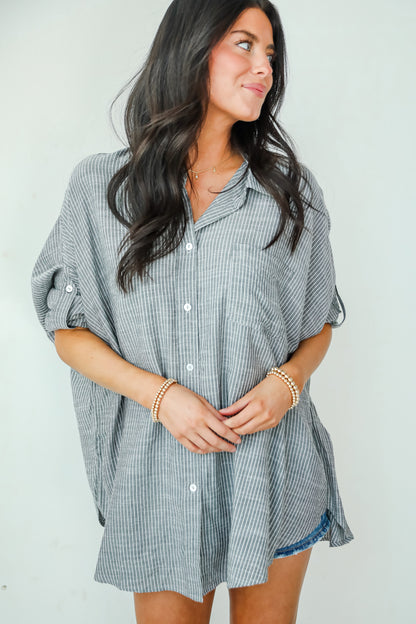 Polished Influence Charcoal Striped Button-Up Blouse