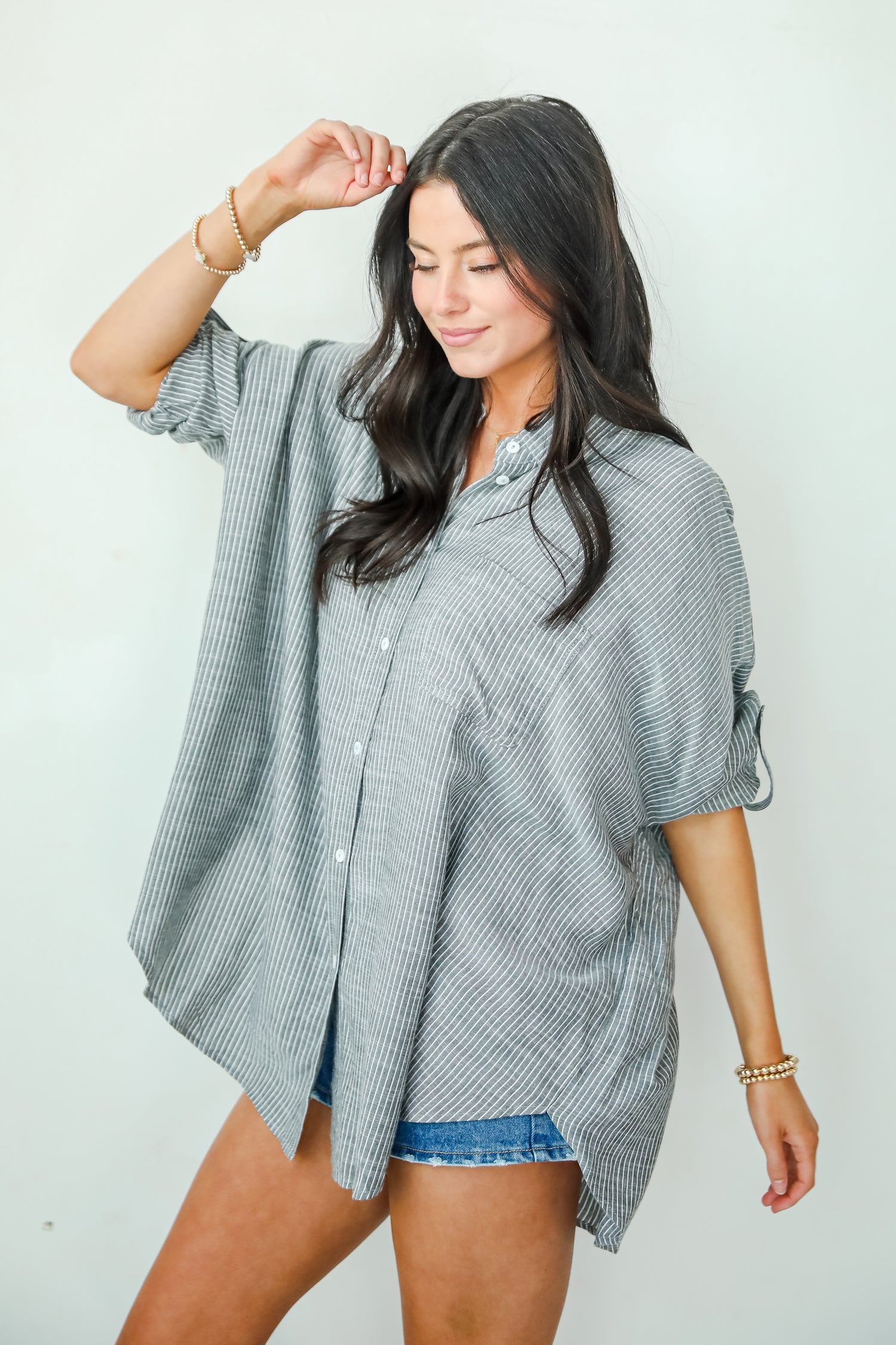 Polished Influence Charcoal Striped Button-Up Blouse