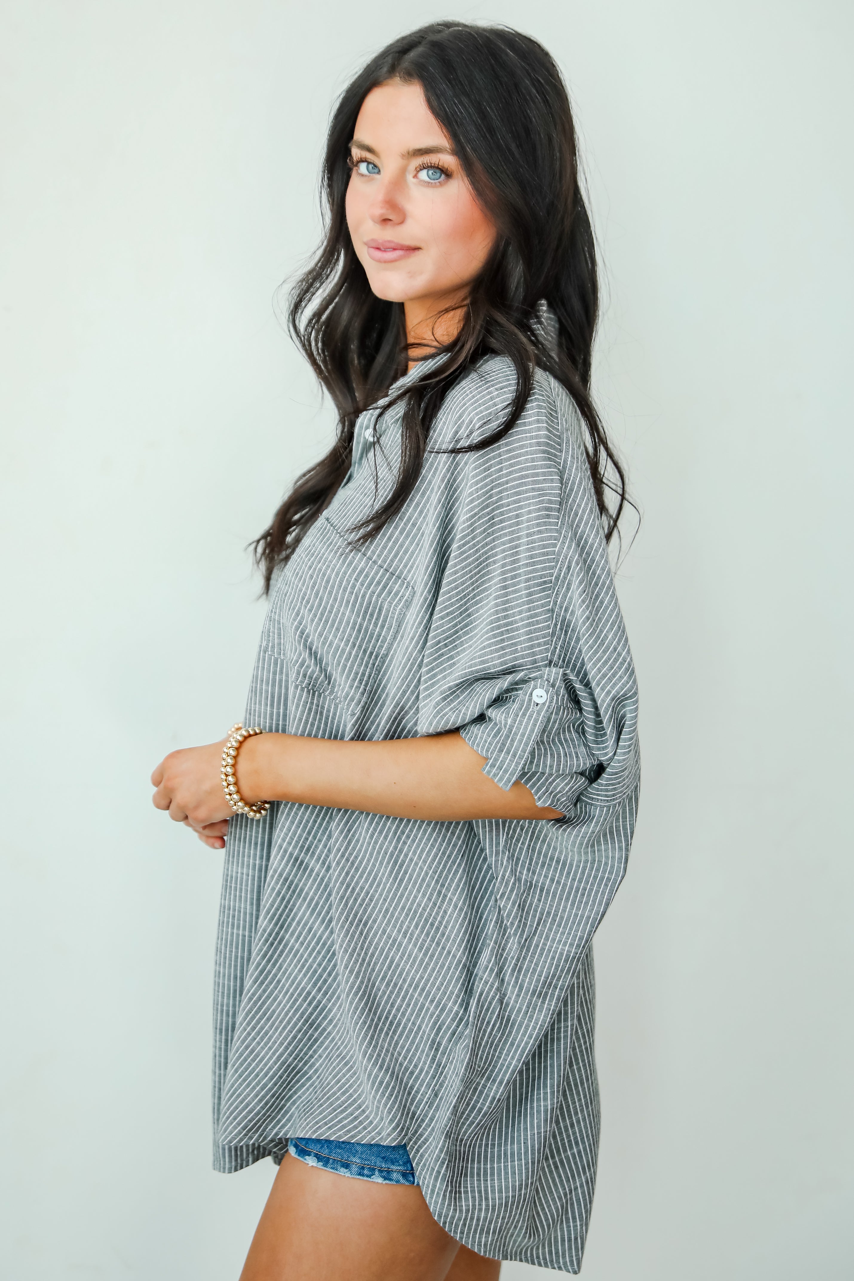 Polished Influence Charcoal Striped Button-Up Blouse