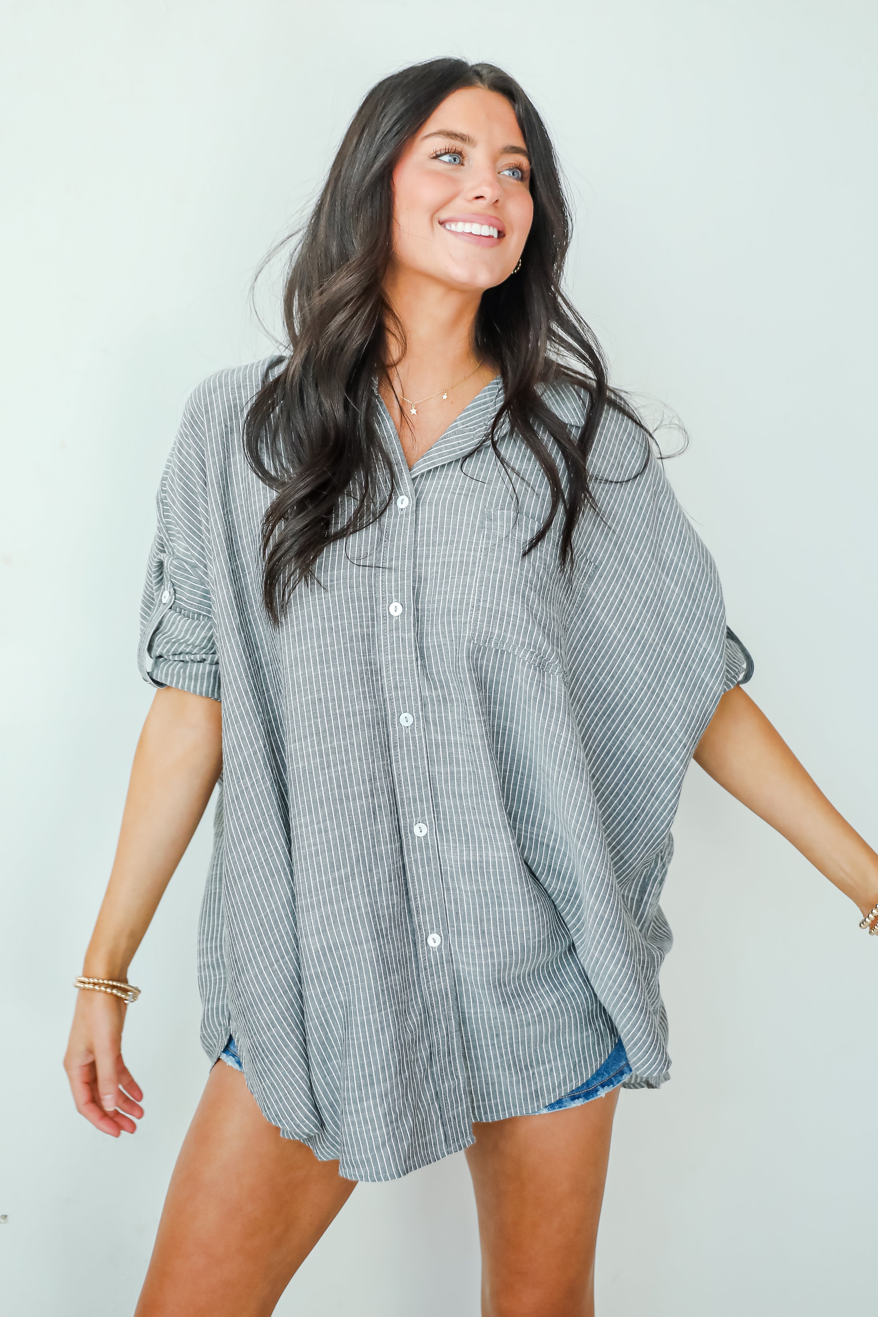 Polished Influence Charcoal Striped Button-Up Blouse