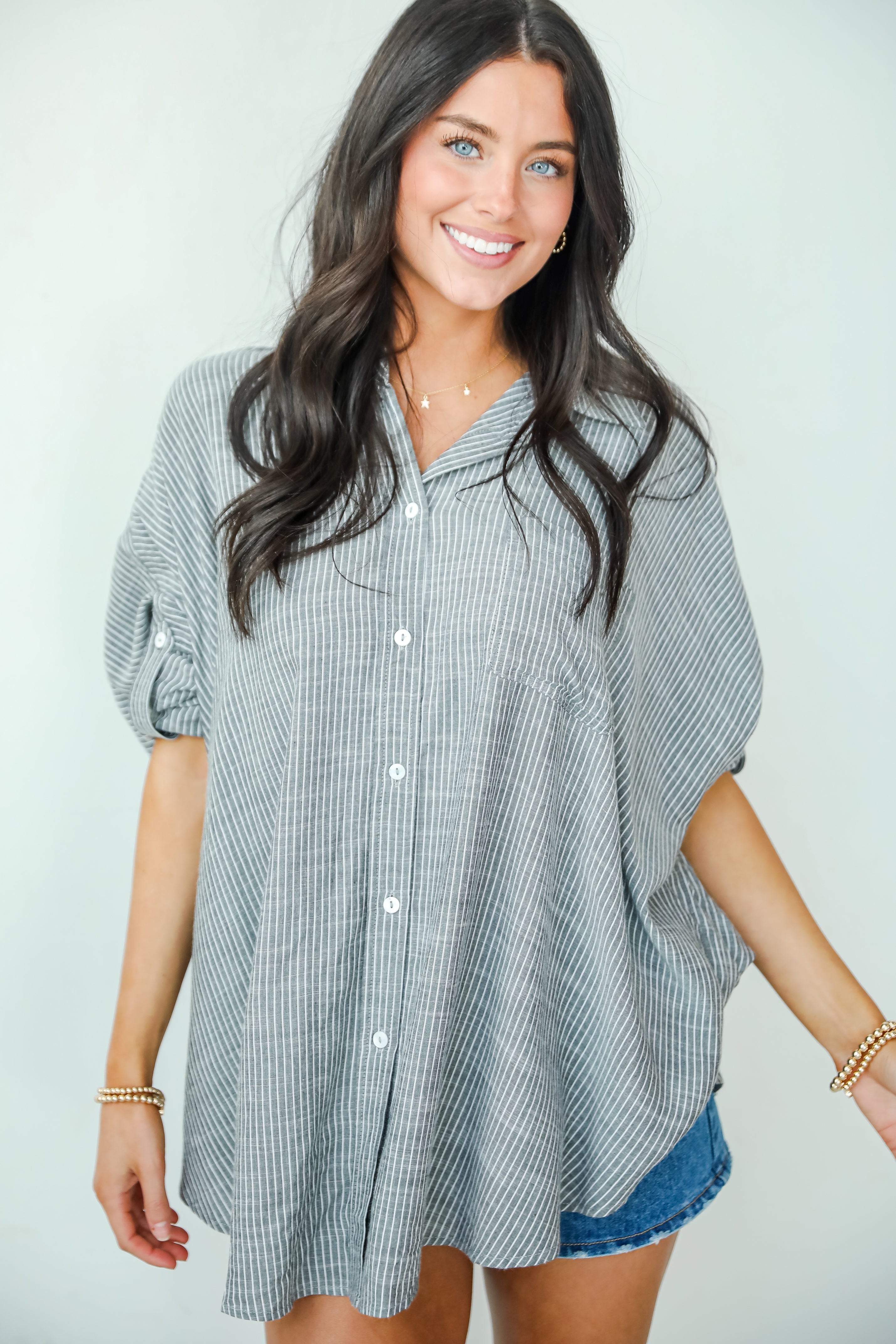 Polished Influence Charcoal Striped Button-Up Blouse