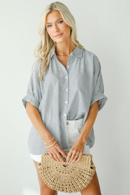 By The Bay Charcoal Striped Seersucker Blouse