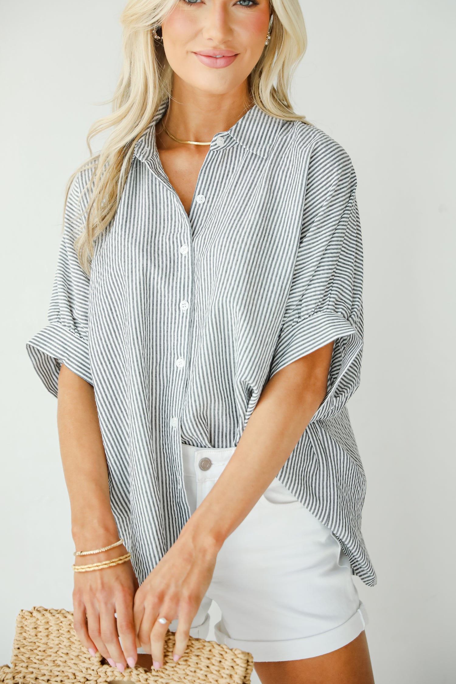 By The Bay Charcoal Striped Seersucker Blouse