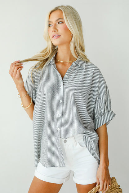 By The Bay Charcoal Striped Seersucker Blouse