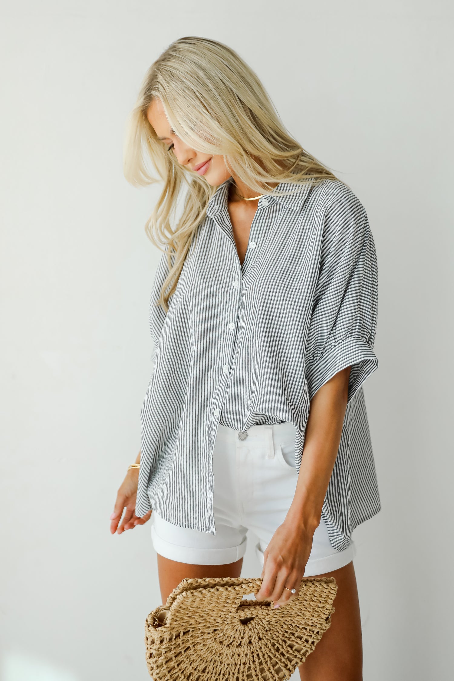 By The Bay Charcoal Striped Seersucker Blouse