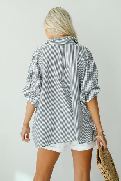 By The Bay Charcoal Striped Seersucker Blouse