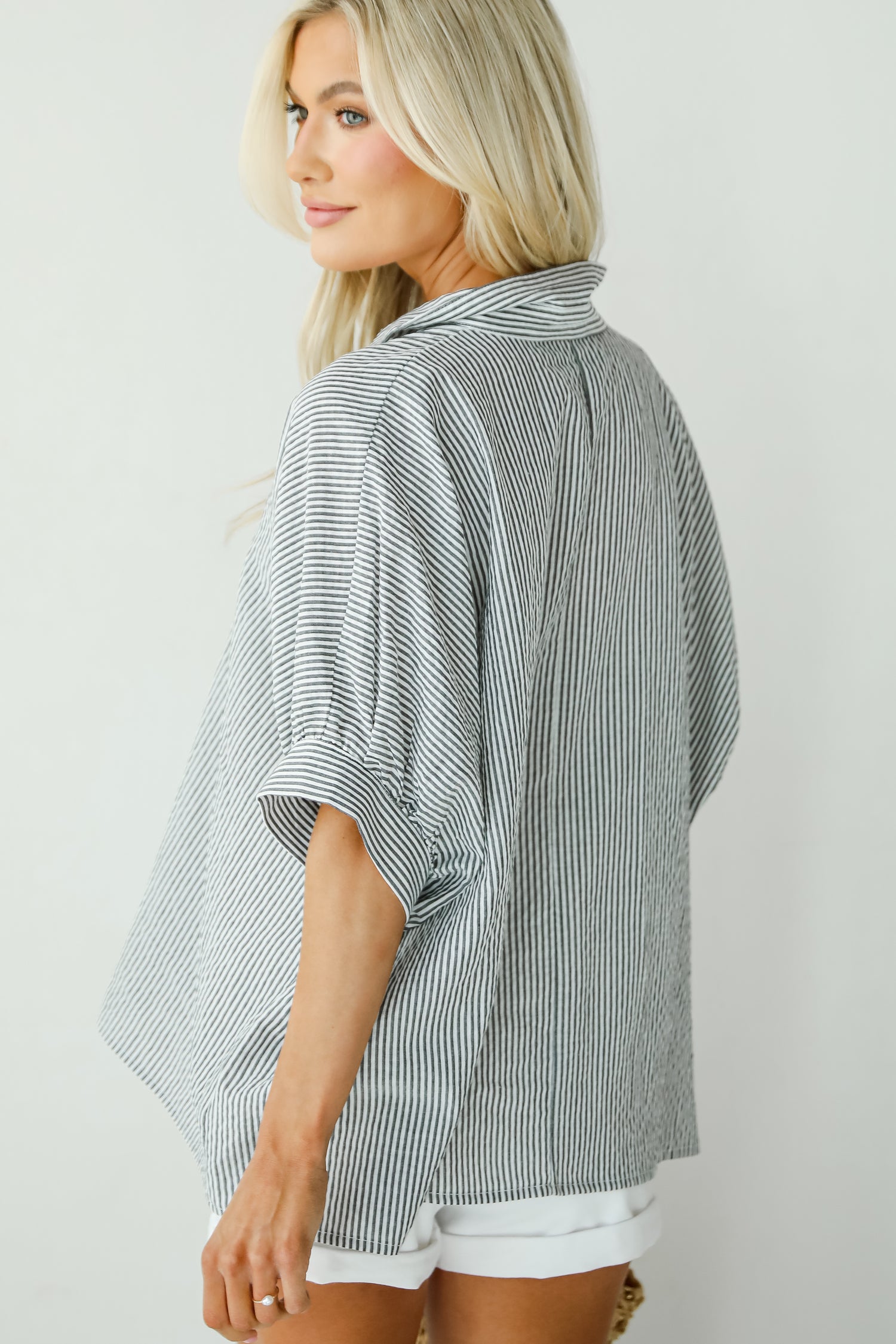 By The Bay Charcoal Striped Seersucker Blouse