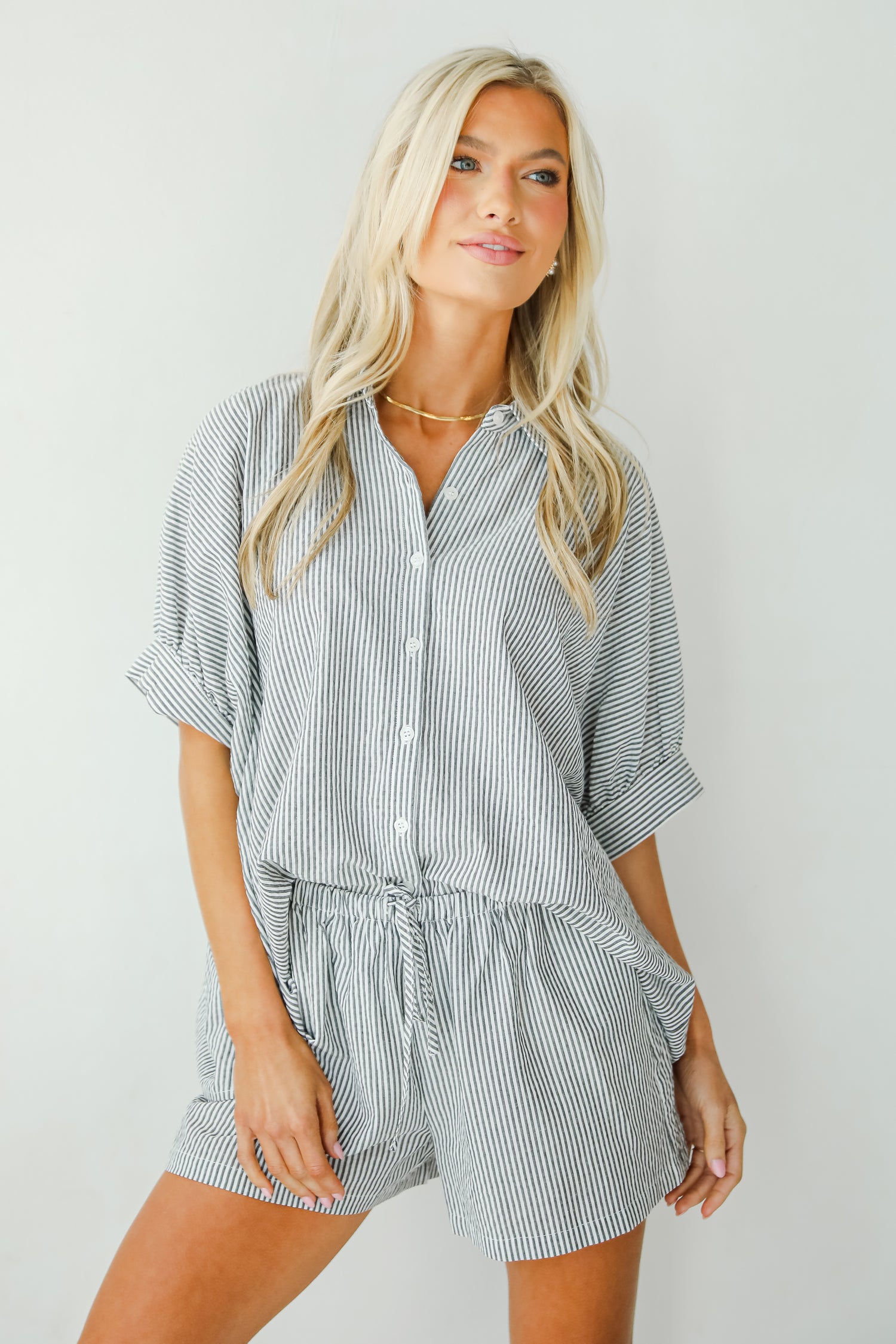 By The Bay Charcoal Striped Seersucker Blouse