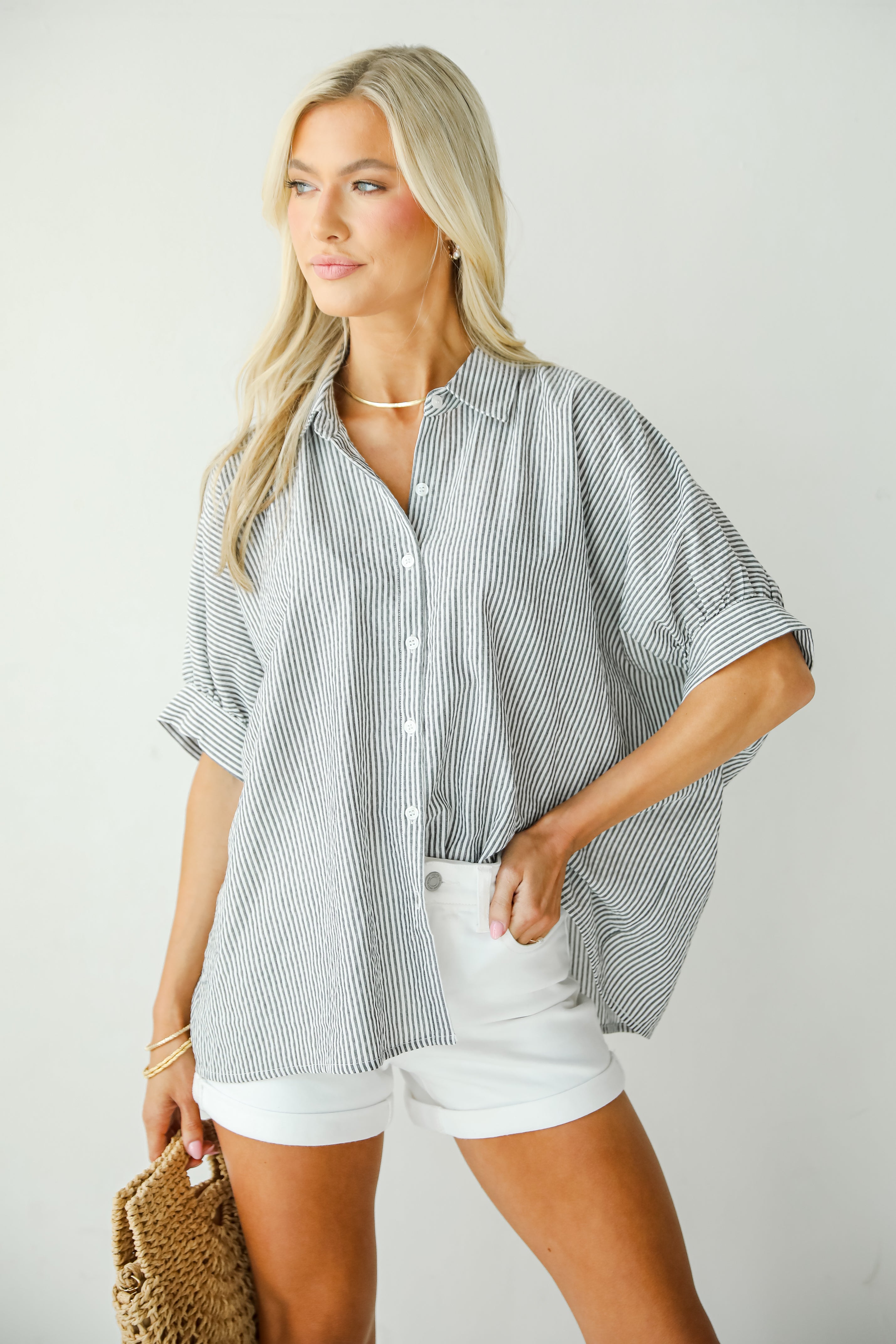 By The Bay Charcoal Striped Seersucker Blouse