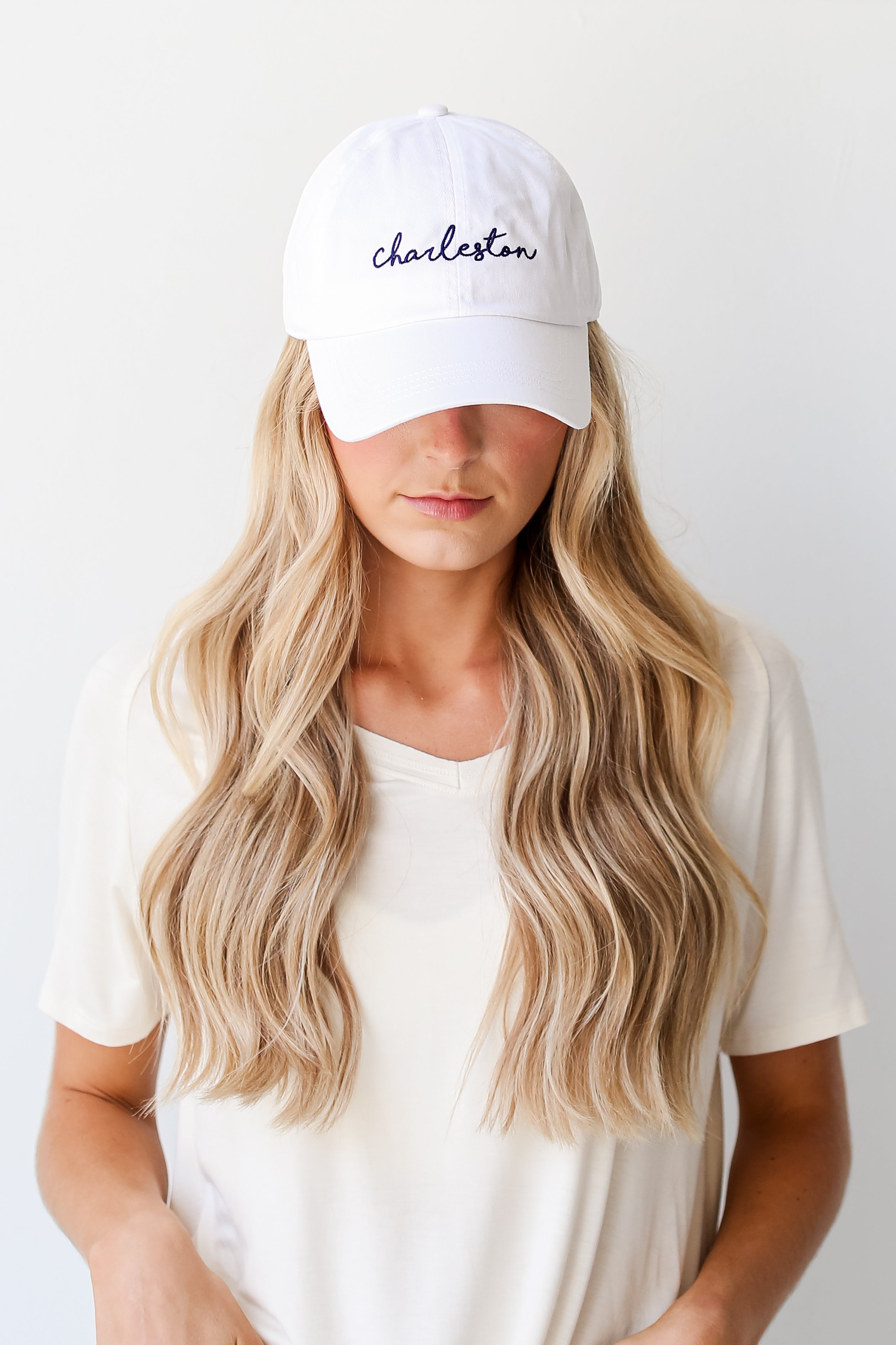 White Charleston Script Embroidered Hat front view