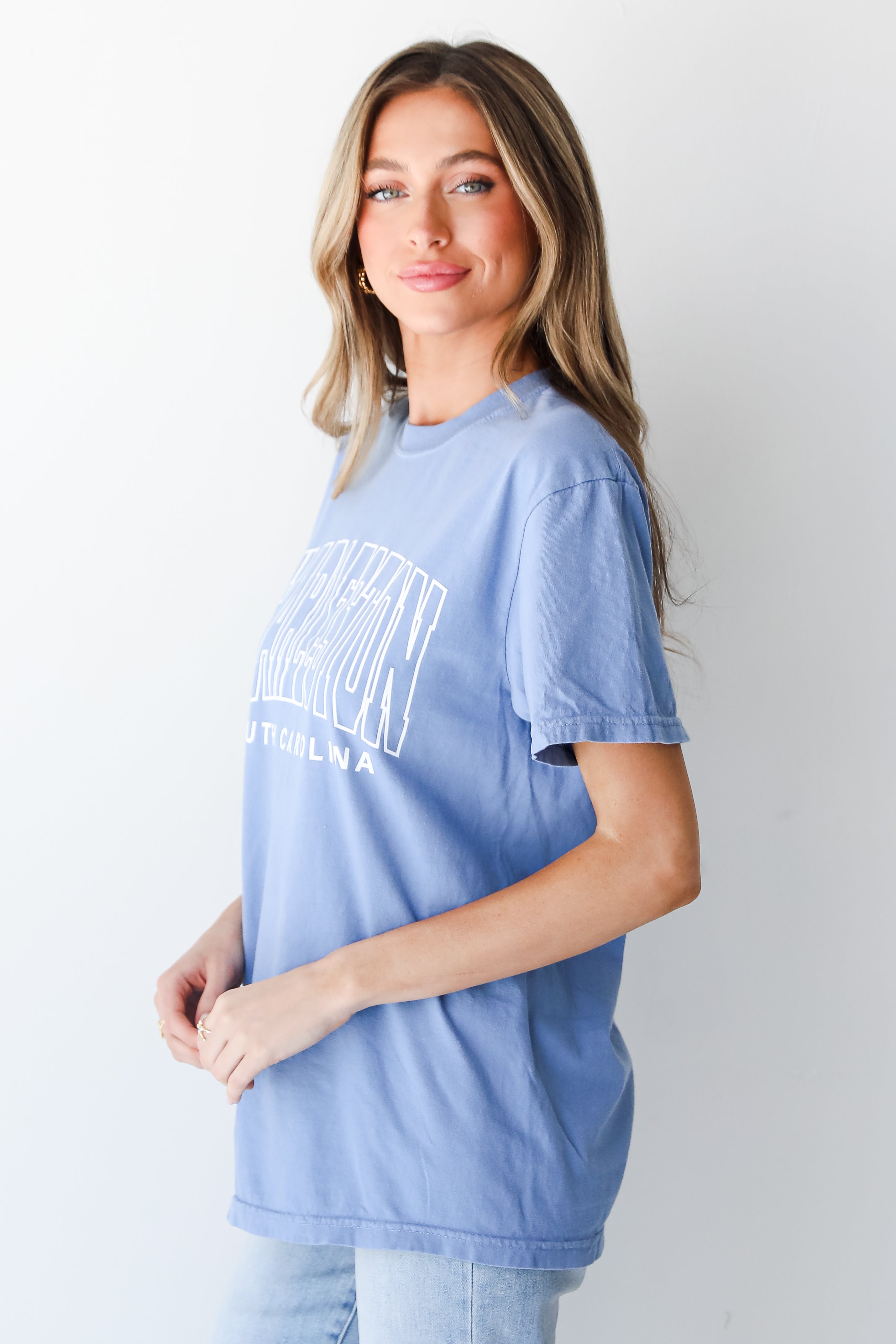 Light Blue Charleston South Carolina Block Letter Tee side view