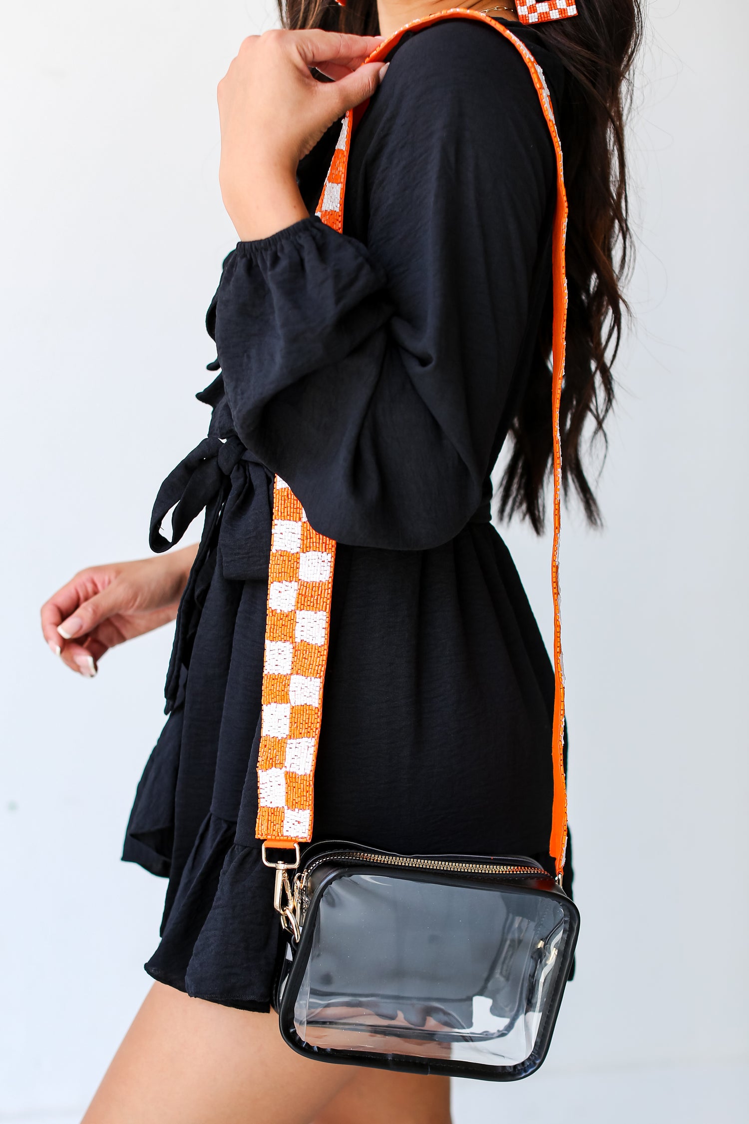 Orange + White Checkered Beaded Purse Strap side view