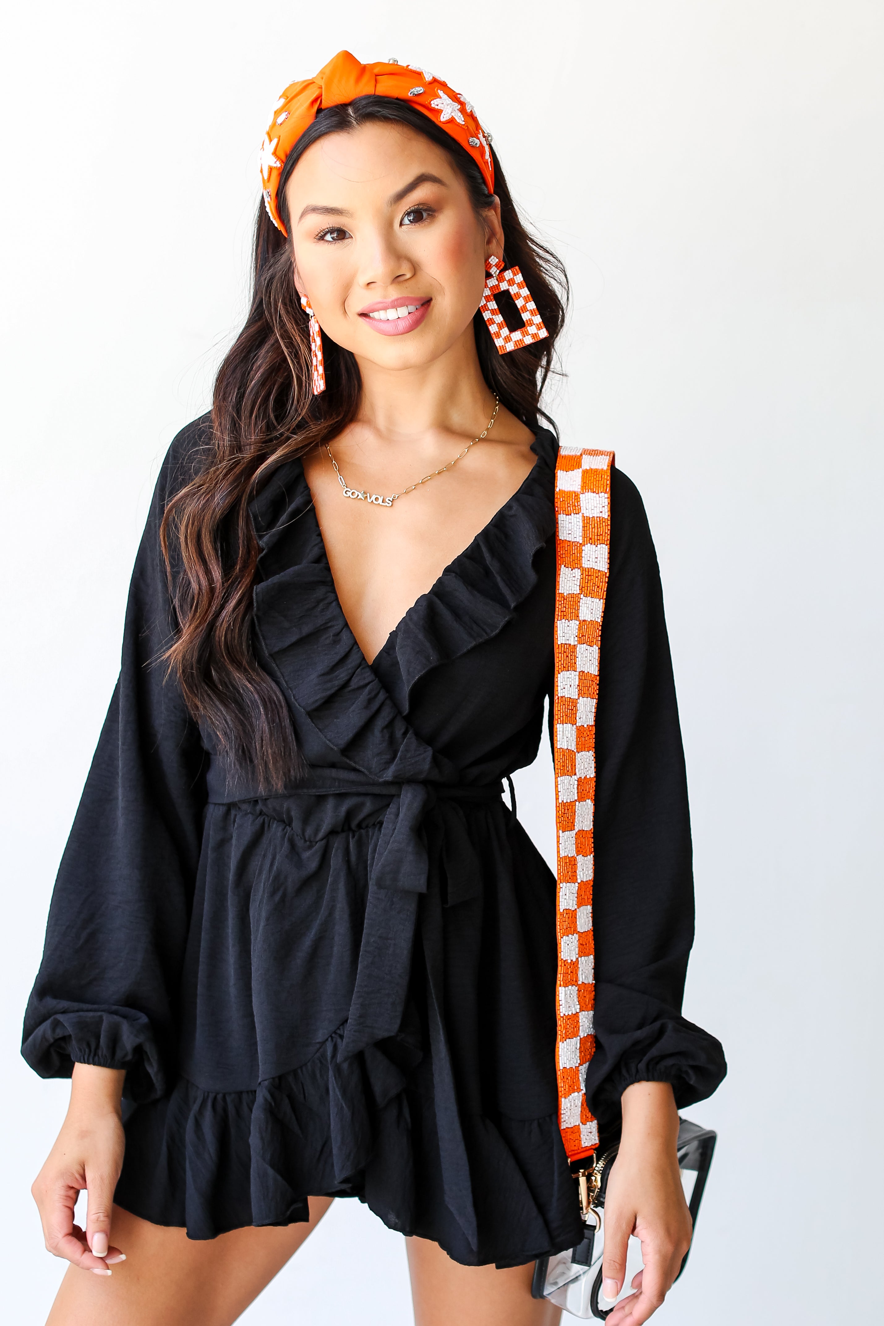 Orange + White Checkered Beaded Purse Strap on model