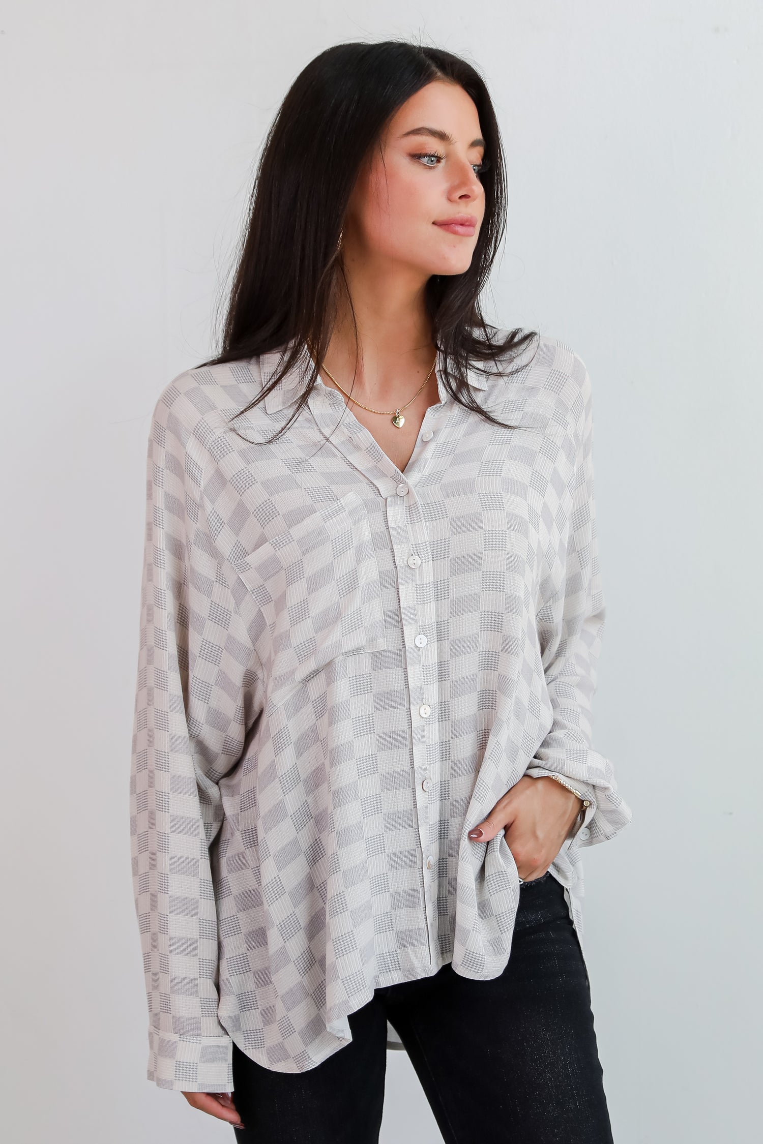 Truly A Beauty Natural Checkered Button-Up Blouse