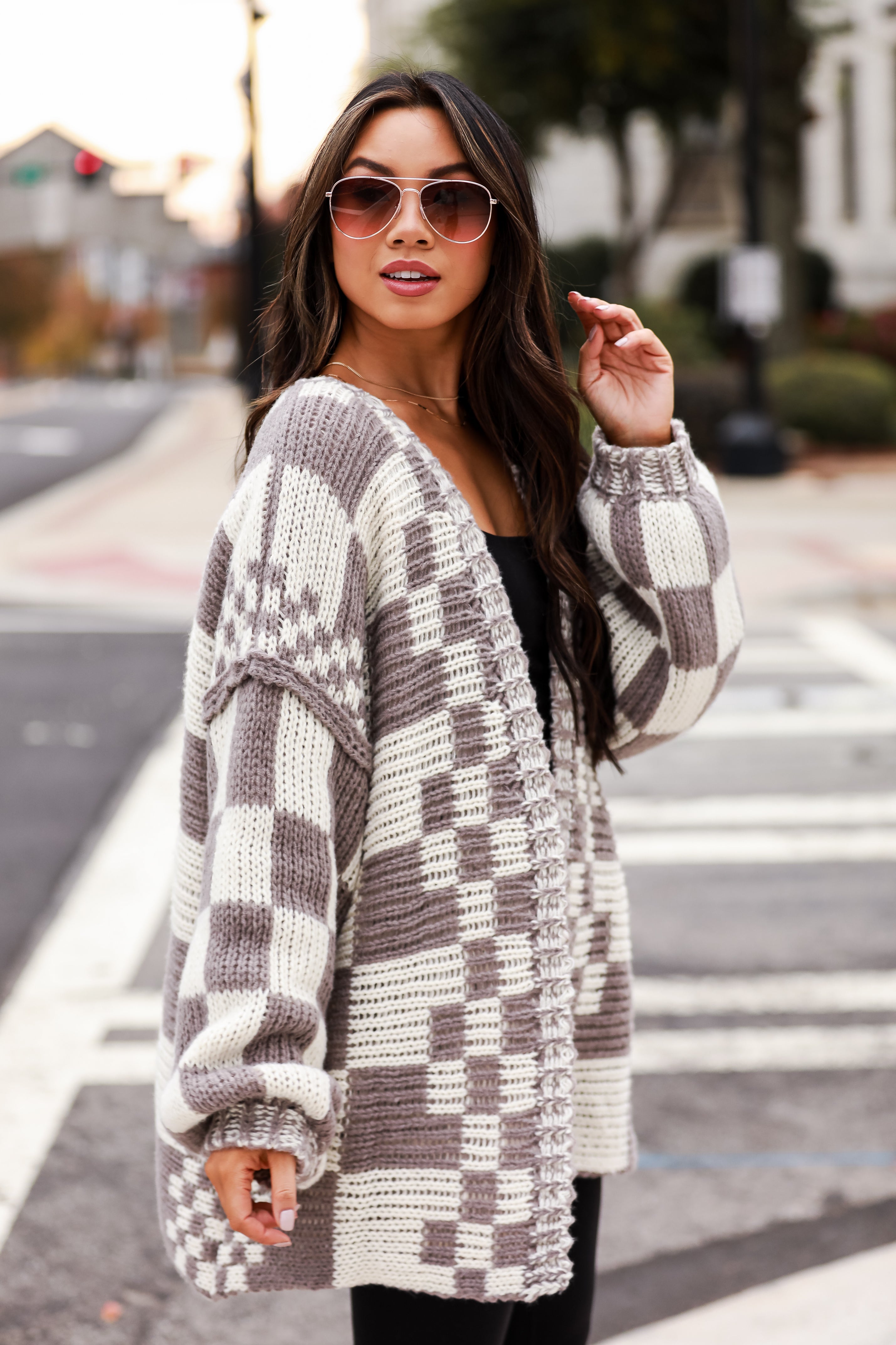 mocha Checkered Sweater Cardigan