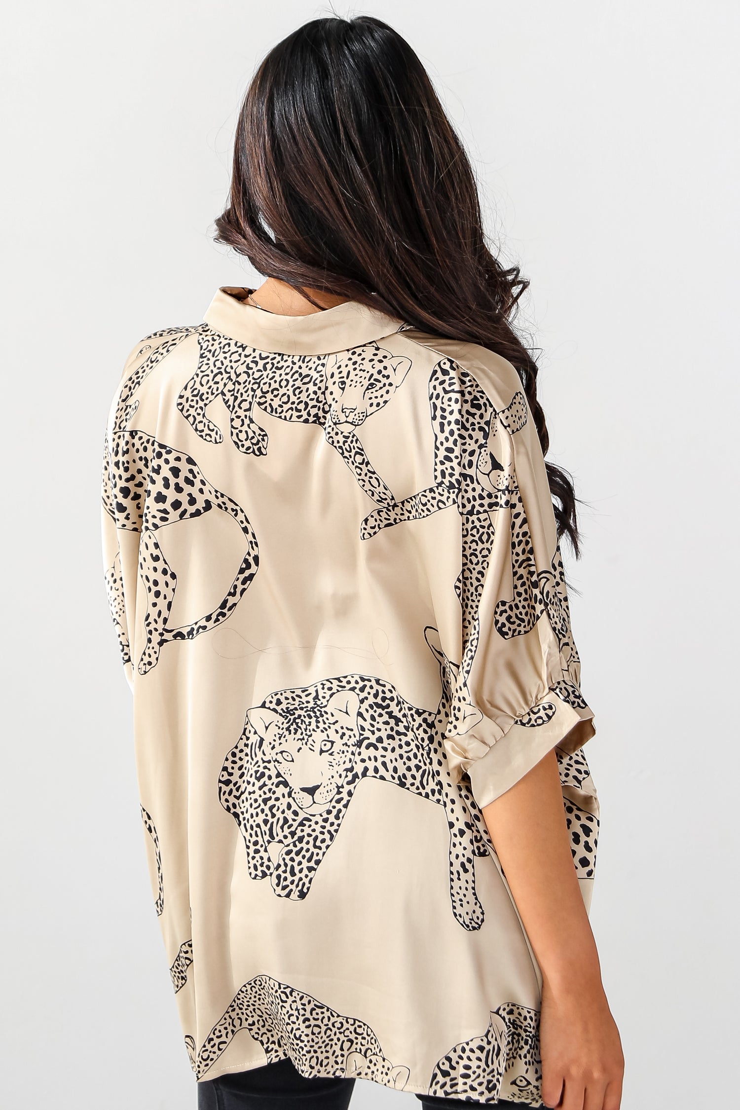 oversized Taupe Satin Cheetah Blouse