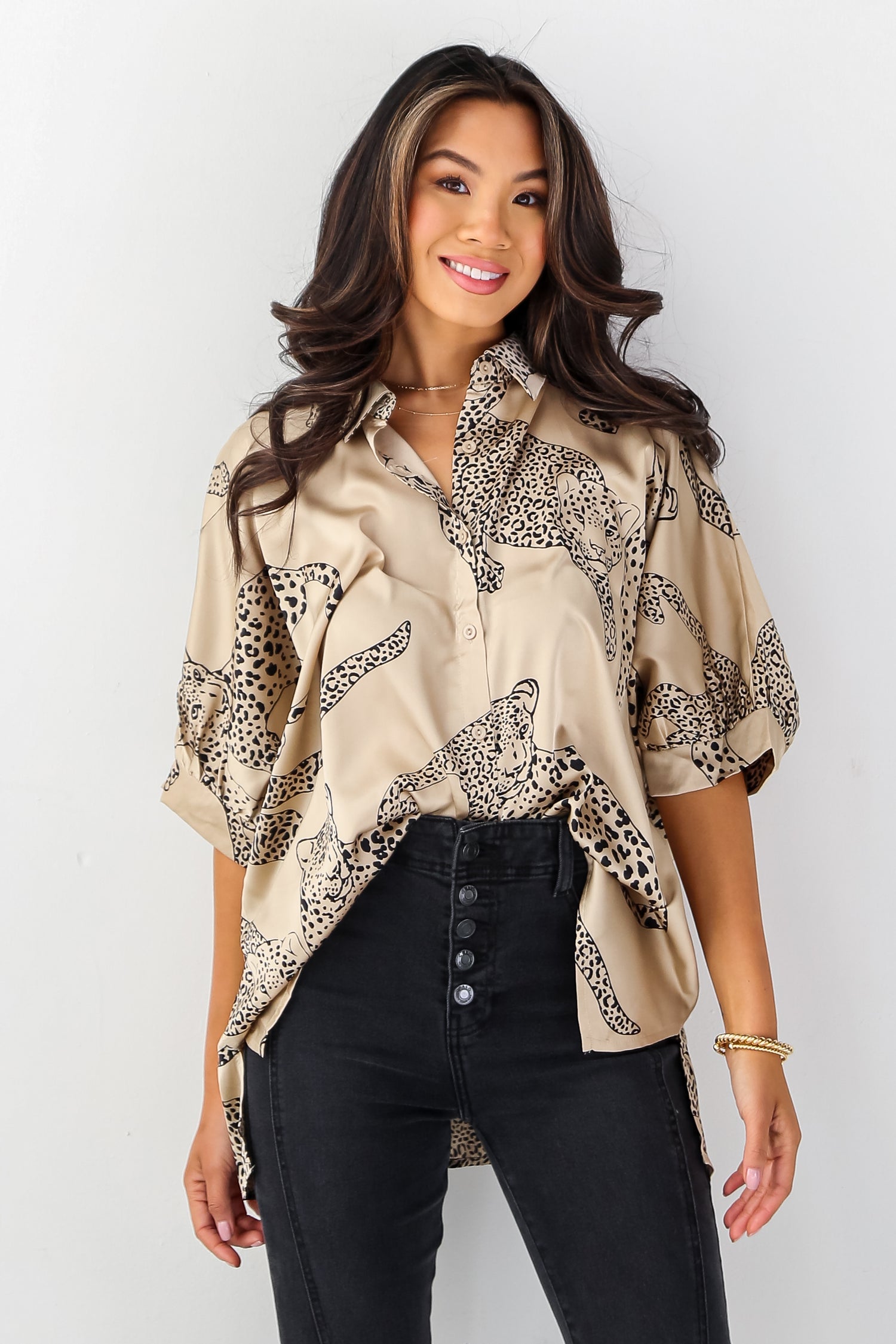 Taupe Satin Cheetah Blouse on model