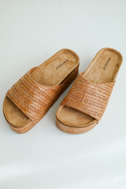 Warm Breeze Cognac Straw Platform Slide Sandals