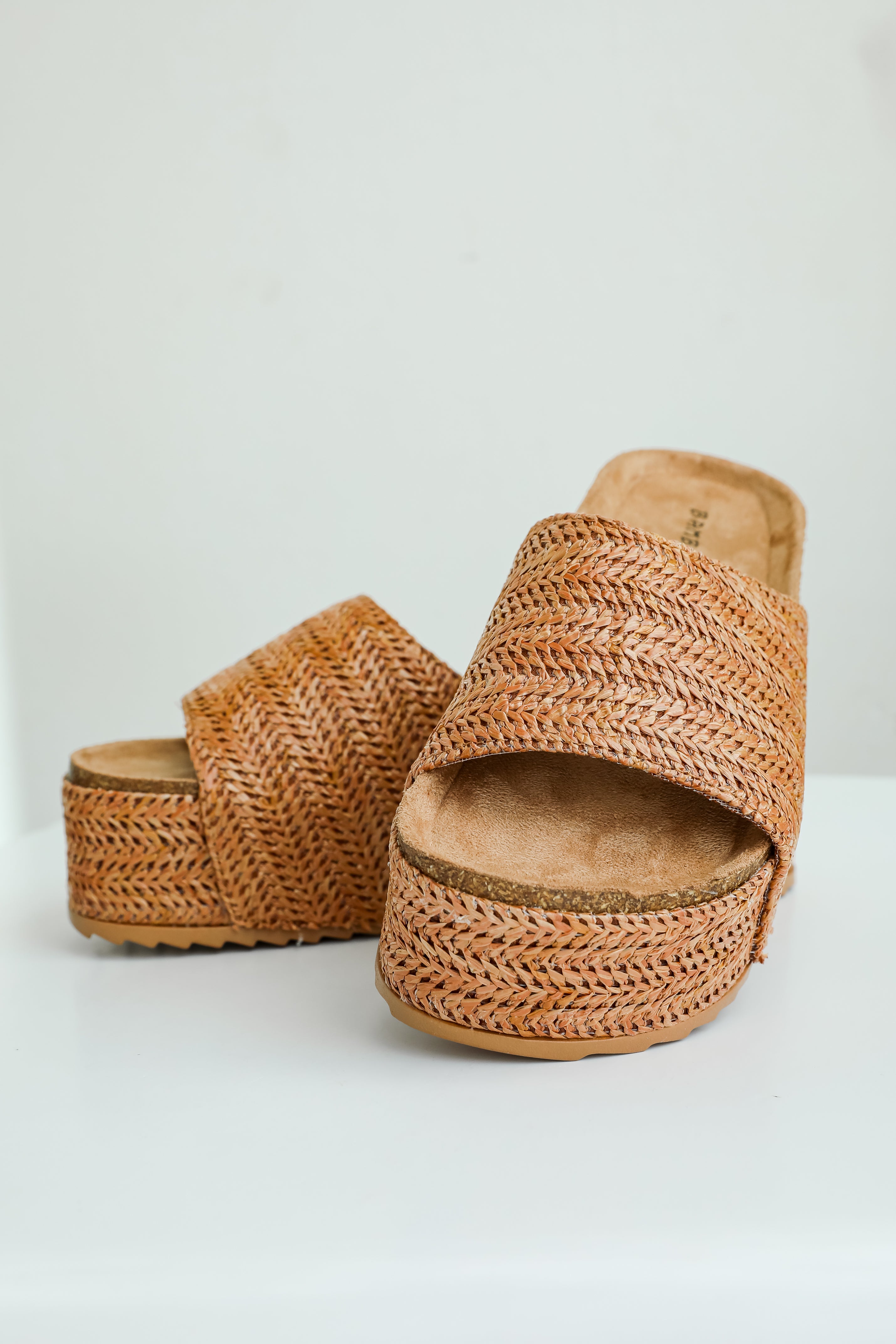 Warm Breeze Cognac Straw Platform Slide Sandals