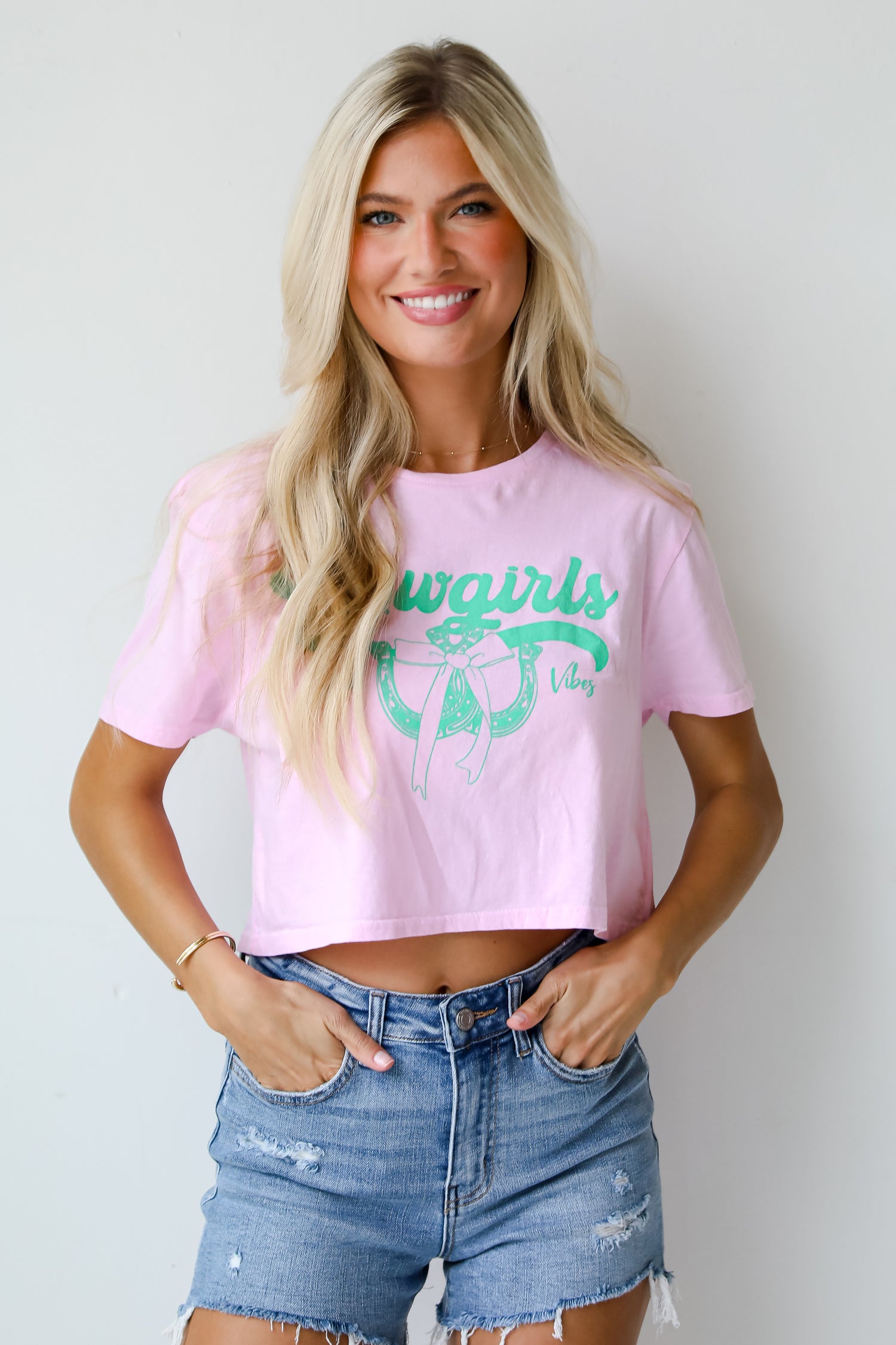 Cowgirls Good Vibes Light Pink Cropped Graphic Tee